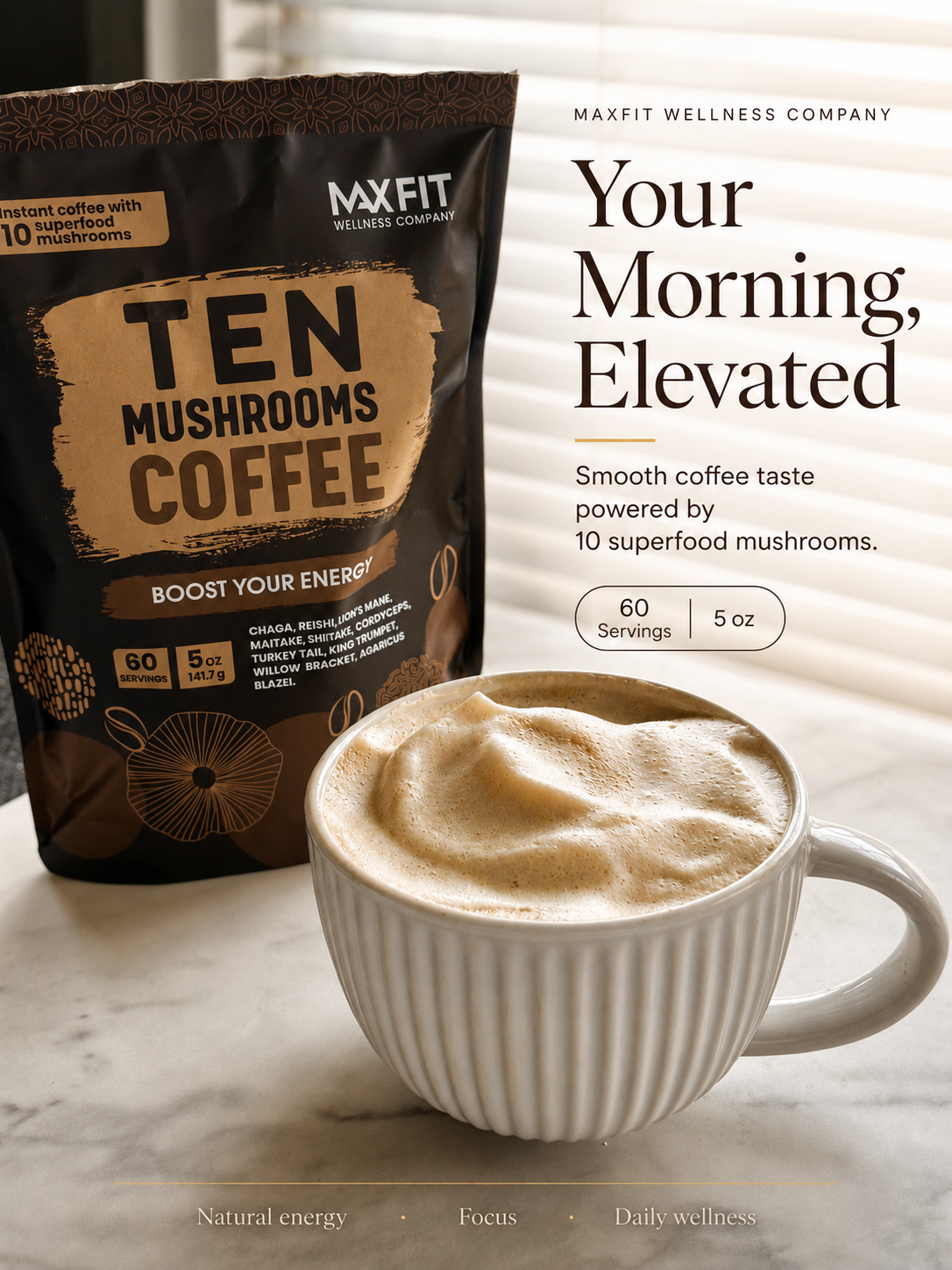 Max Fit Wellness Facebook ad: Instant Mushroom Coffee, 33% OFF