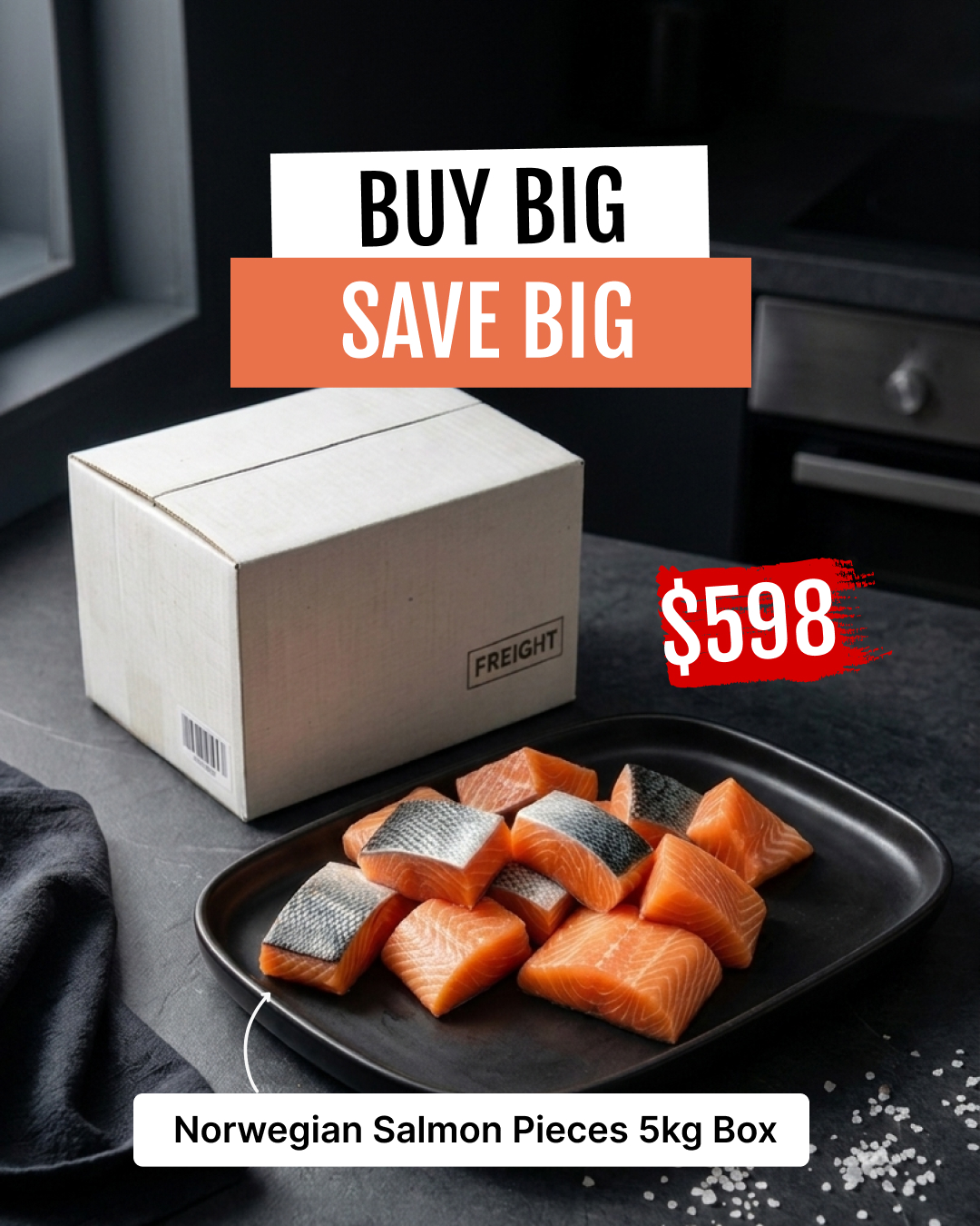 Steak King Foods Facebook ad: Up to 80% OFF Norwegian Salmon