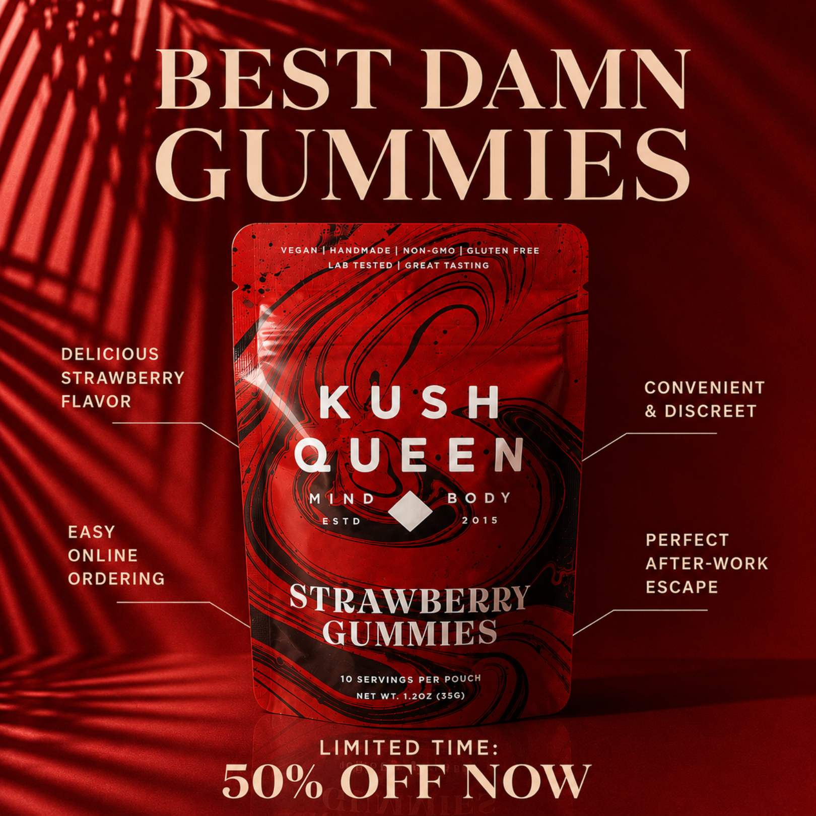 KQ Shop Facebook ad: Get 50% off all Kush Queen products for…