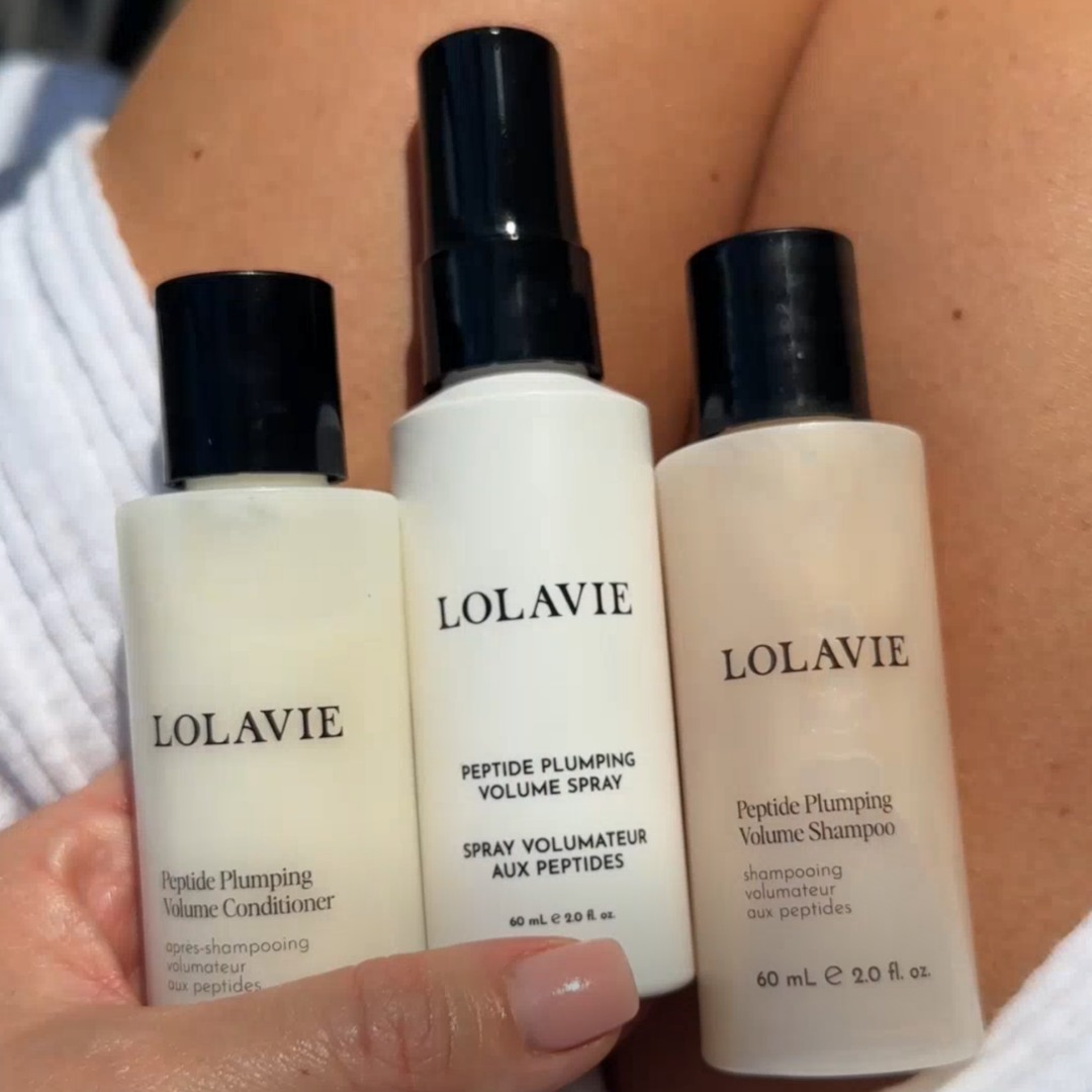 LolaVie Facebook ad: Peptide Plumping Volume Shampoo & Conditioner