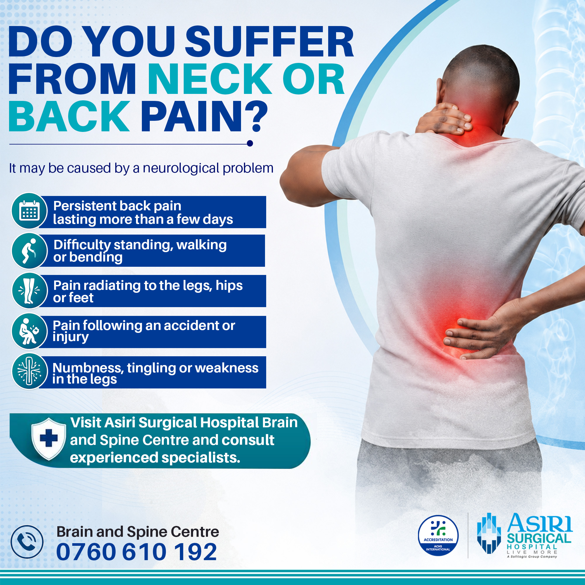 Asiri Surgical Hospital Facebook ad: Neck or back pain affecting your daily life?