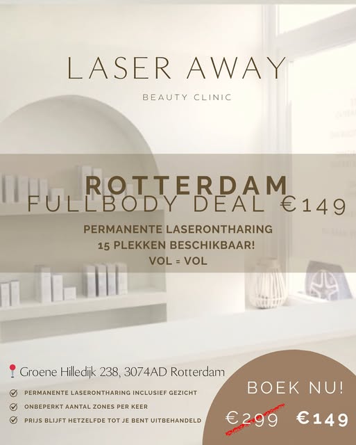 Laser-Away Beauty Clinics Facebook ad: PERMANENTE LASERONTHARING, FULL BODY €149 (15 plaatsen)!
