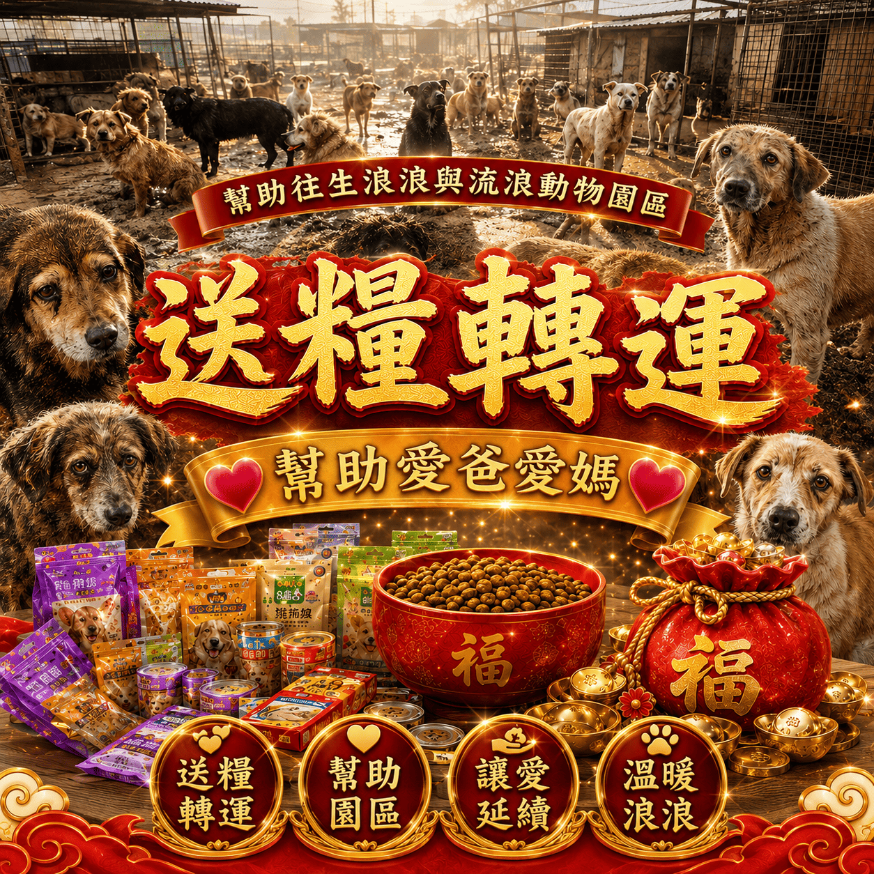 毛孩祈福堂 Facebook ad: 【送糧轉運|幫助浪浪也替自己累積福報】 祈安賜財補財庫法會+毛孩功德迴向