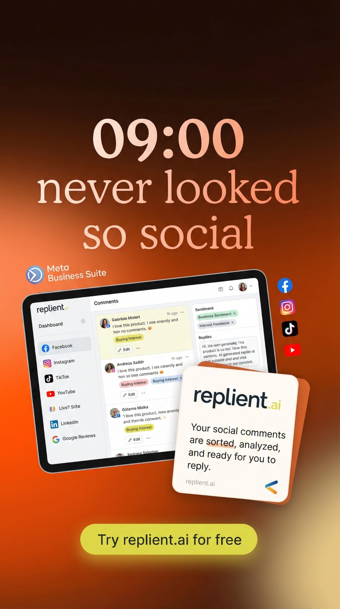 replient.ai Facebook ad: Keine negativen Kommentare oder Spam