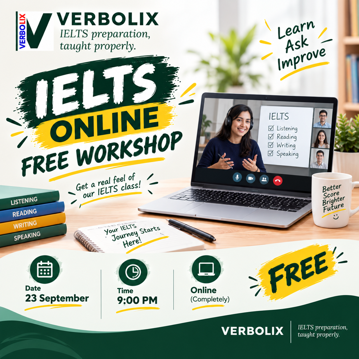 Verbolix = Mostakim IELTS Facebook ad: IELTS Online শিখতে চান? আগে FREE Workshop-এ Join করুন!