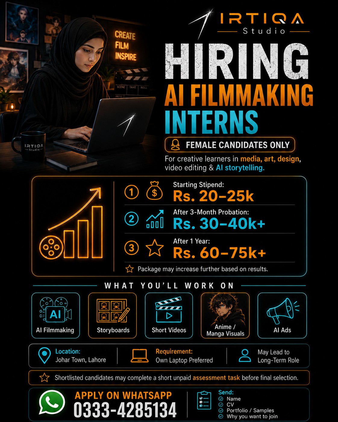 Irtiqa Fitness Club Facebook ad: **Irtiqa Studio is Hiring: AI Filmmaking Team**