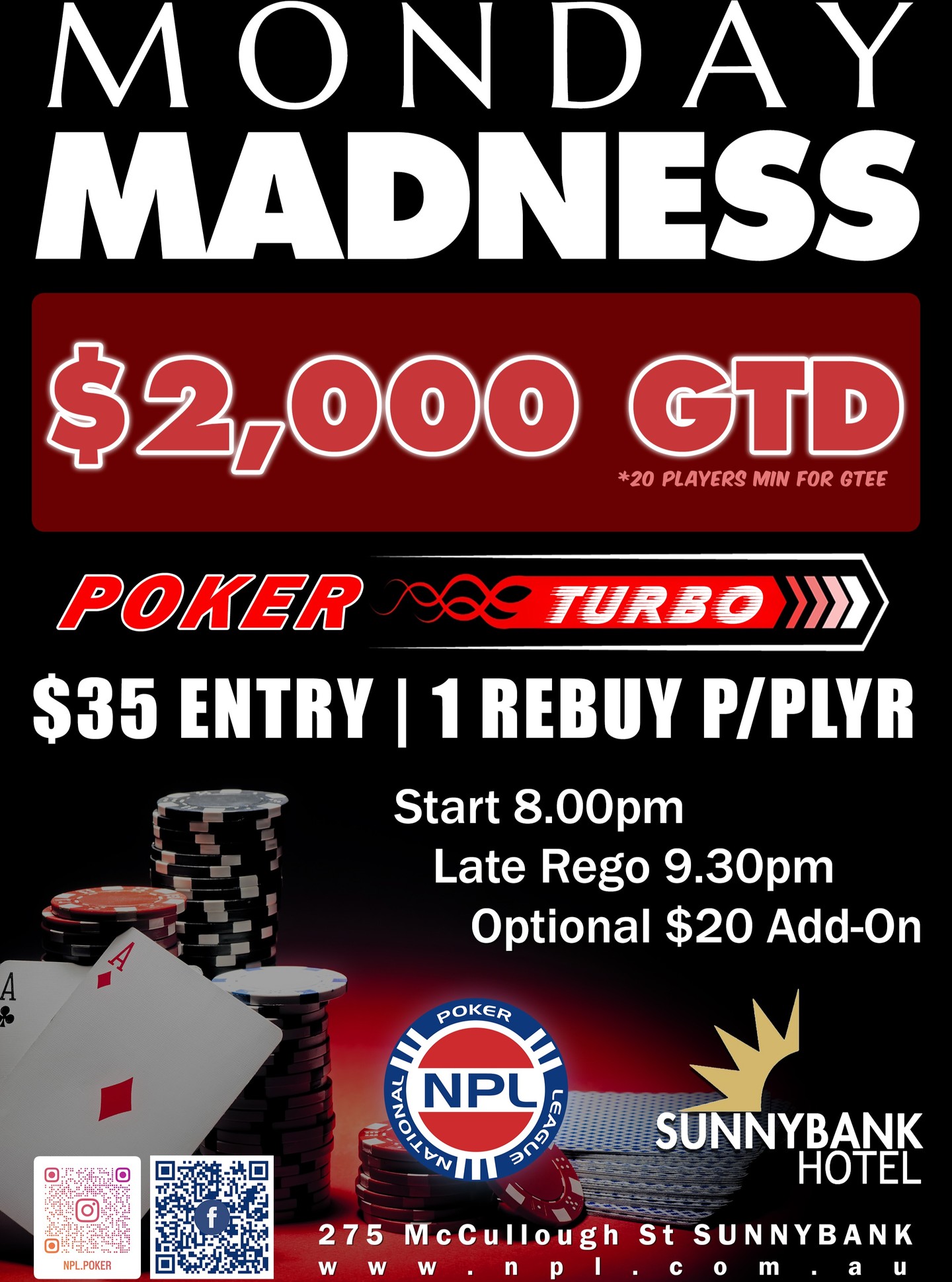 NPL Brisbane South & Gold Coast Facebook ad: MONDAY NIGHT POKER AT SUNNYBANK HOTEL!