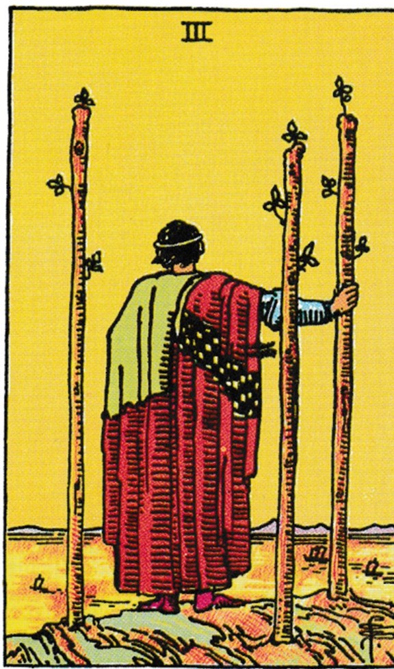 Sara, Psychic and Astrology Readings Facebook ad: The Three of Wands is a wonderfully positive…