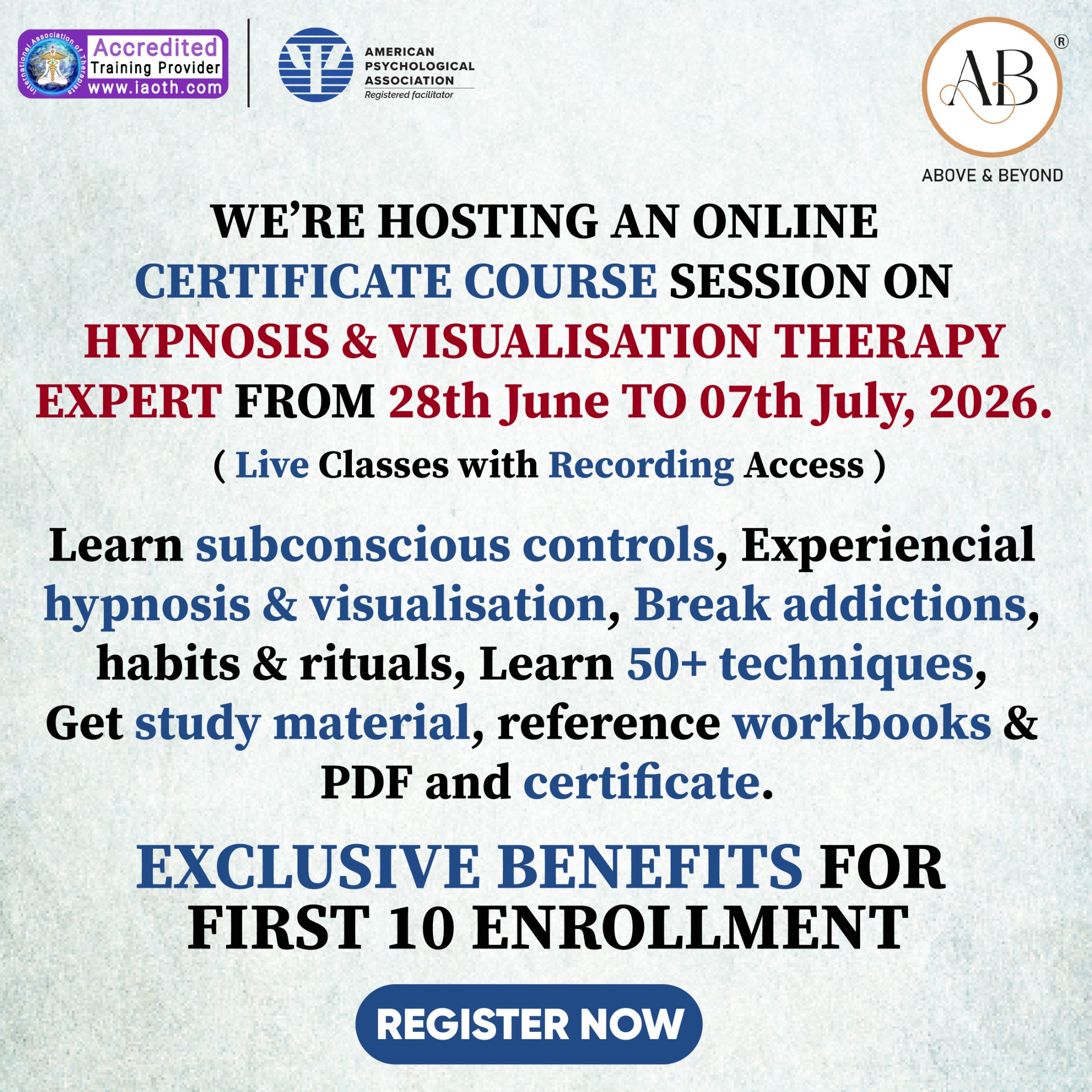 aboveandbeyond.therapy Facebook ad: Step into the world of Hypnosis & Visualisation…