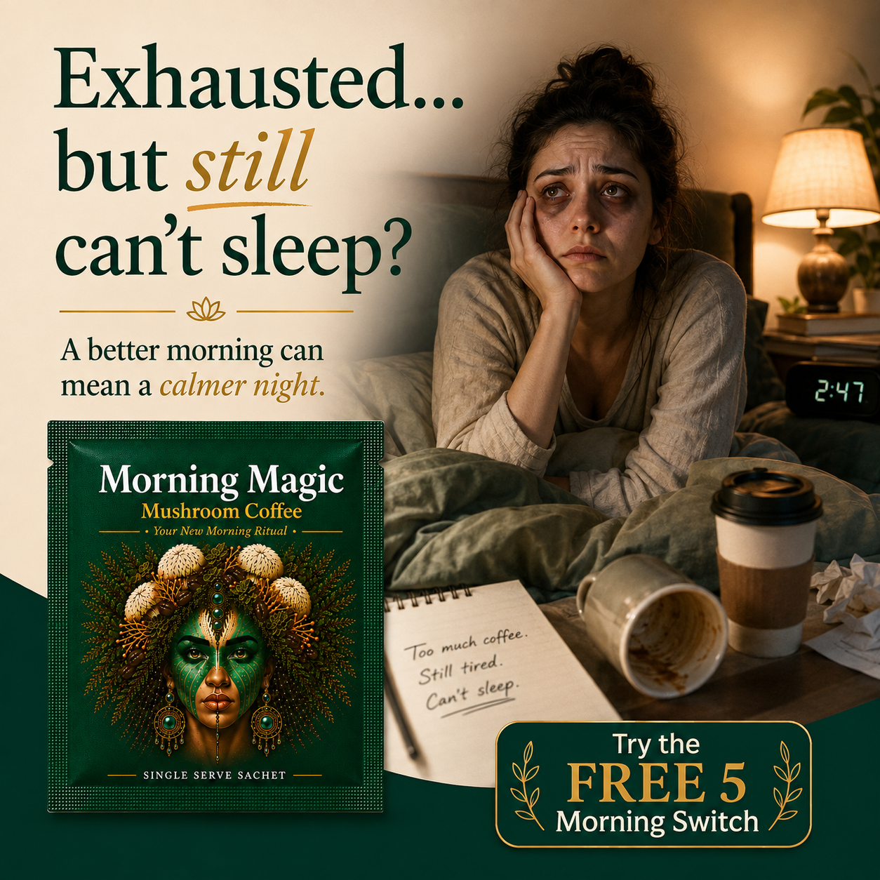 Ancient Extracts Facebook ad: Break up the coffee cycle. Try 5 mornings FREE.
