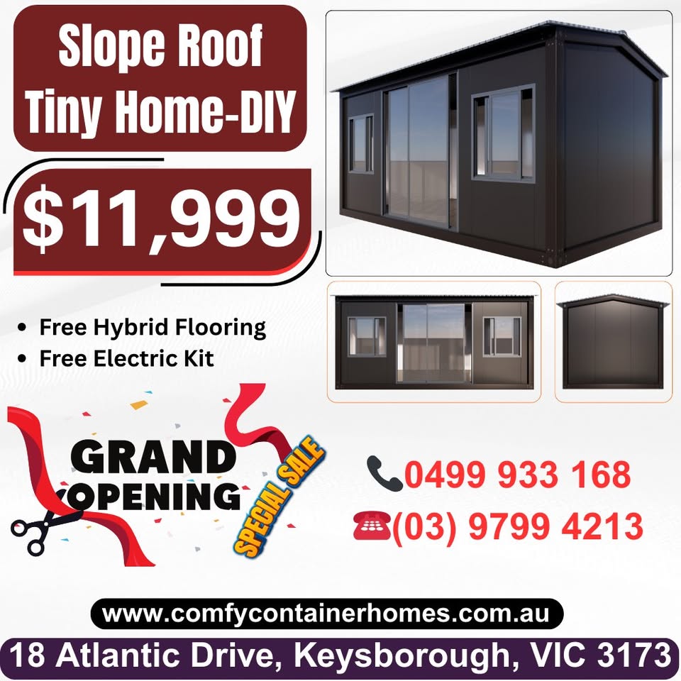 Comfy Container Homes VIC Facebook ad: Looking for a Modern Slope Roof Container Space…