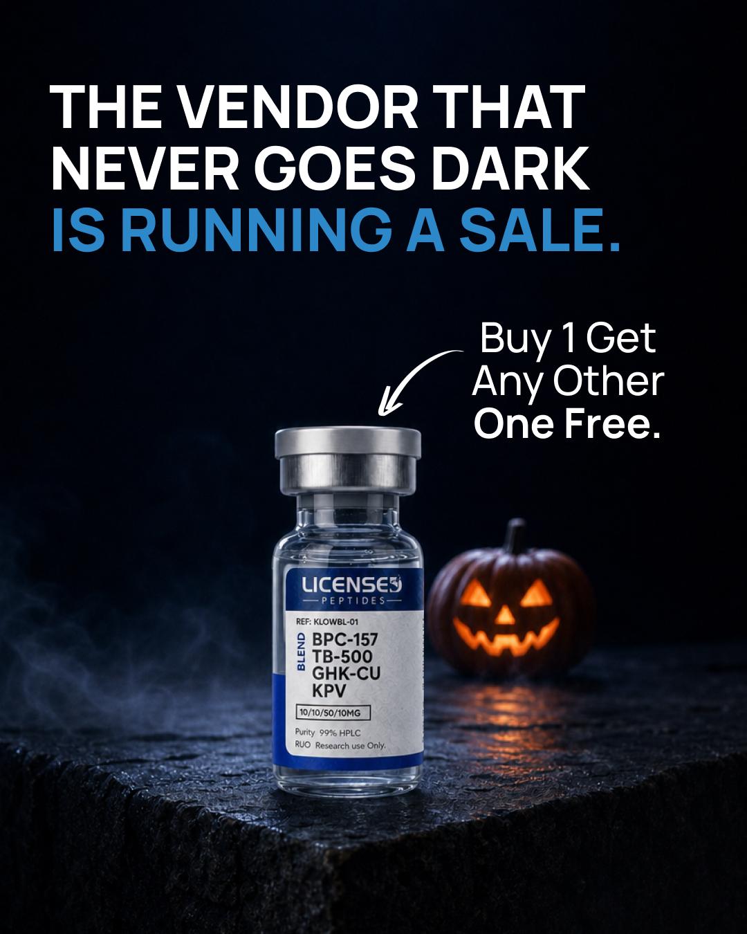 Licensed Peptides Facebook ad: 2 FOR 1, PICK ANY VIAL FREE