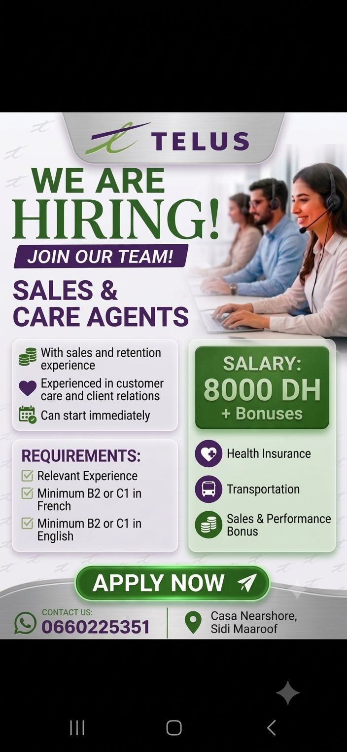 Telus digital casablanca Facebook ad: Are you fluent in French & English (B2/C1)…