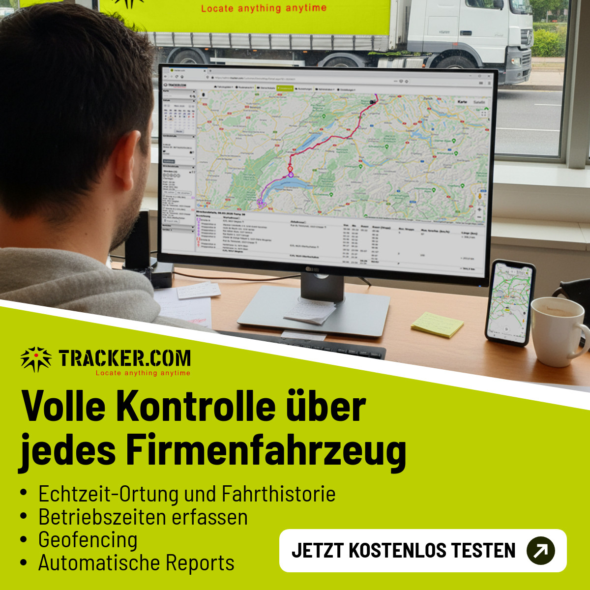 Tracker.com Facebook ad: Flottenchefs sparen mit tracker.com
