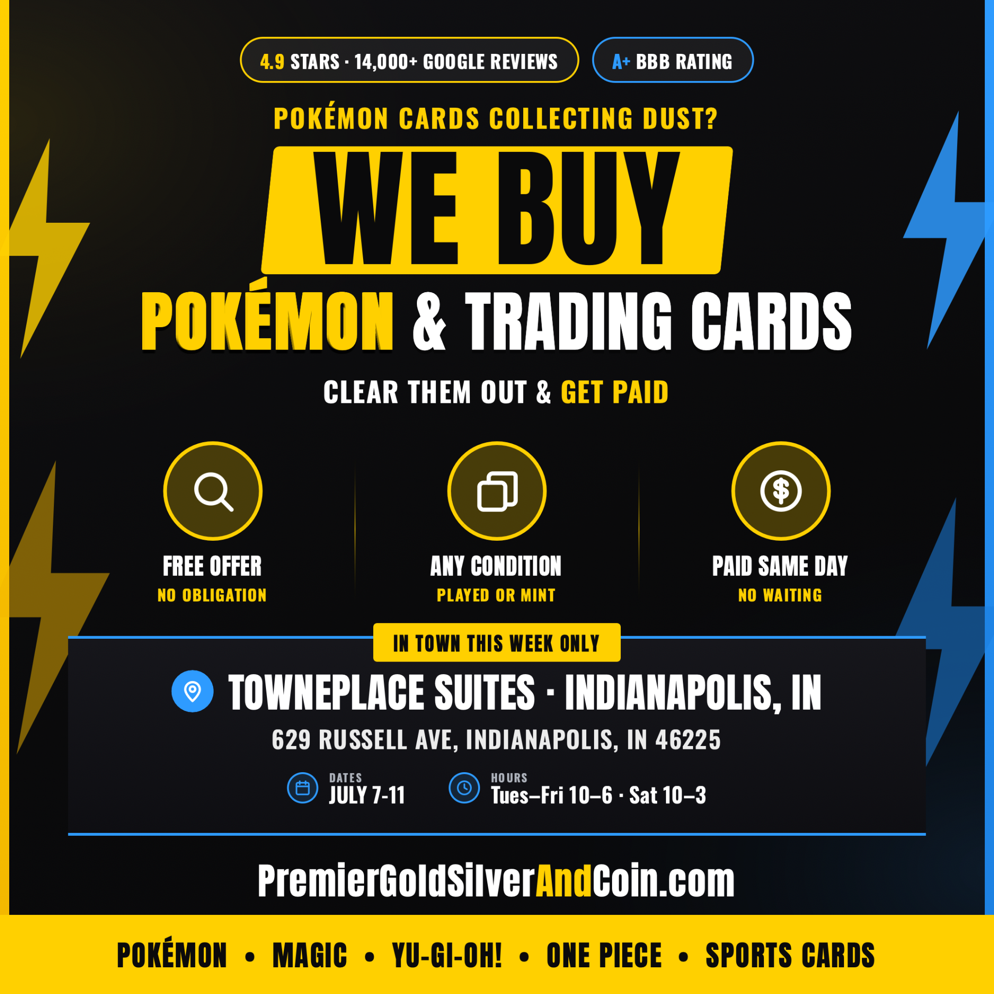 Premier Gold, Silver, and Coin Facebook ad: We Buy Trading Cards, Indianapolis, IN
