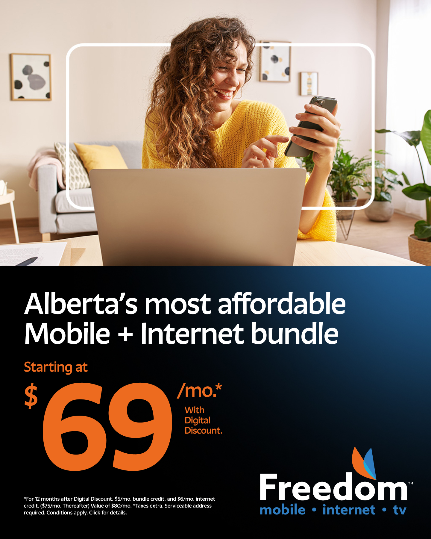 Freedom Mobile Facebook ad: Get Alberta's Most Affordable bundle!