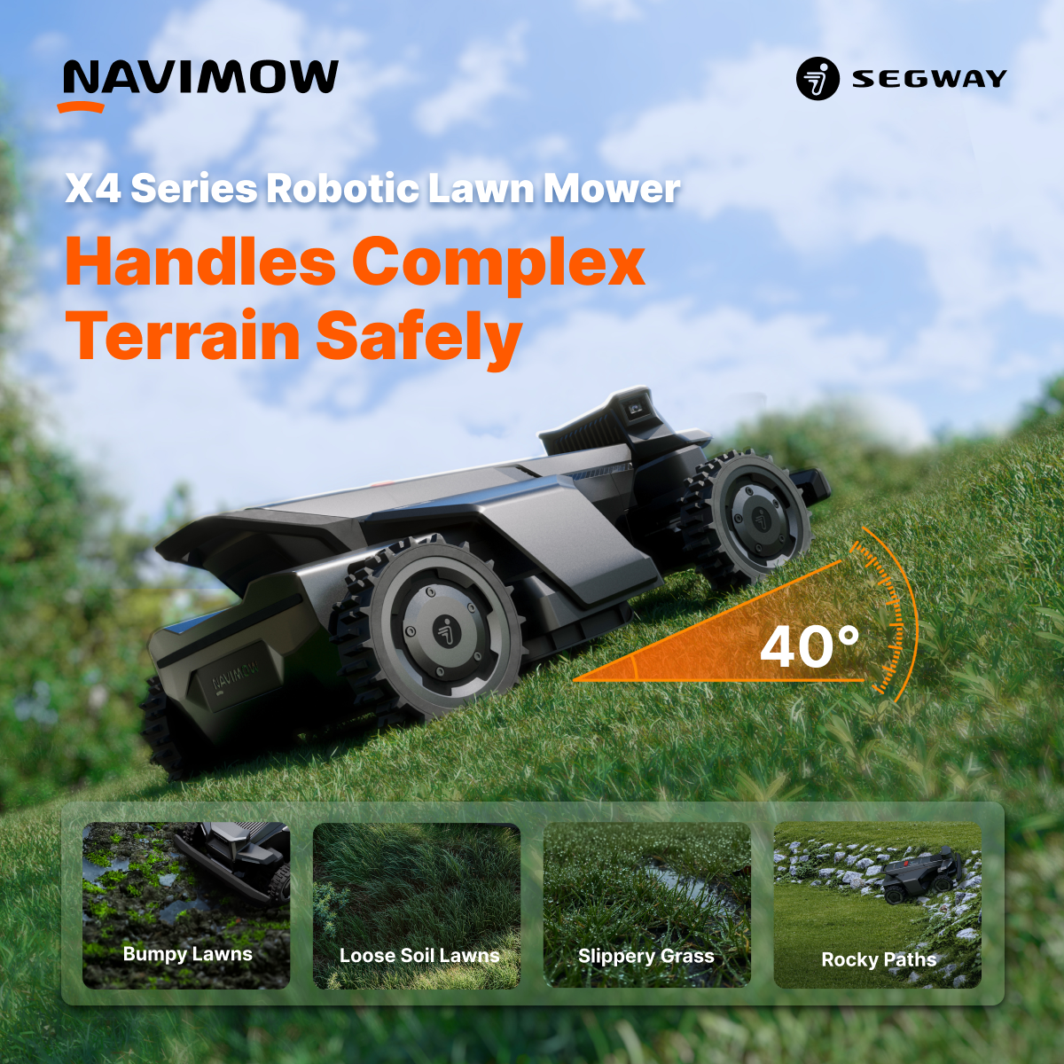 Segway Navimow Facebook ad: Master Tough Lawns with Navimow X4