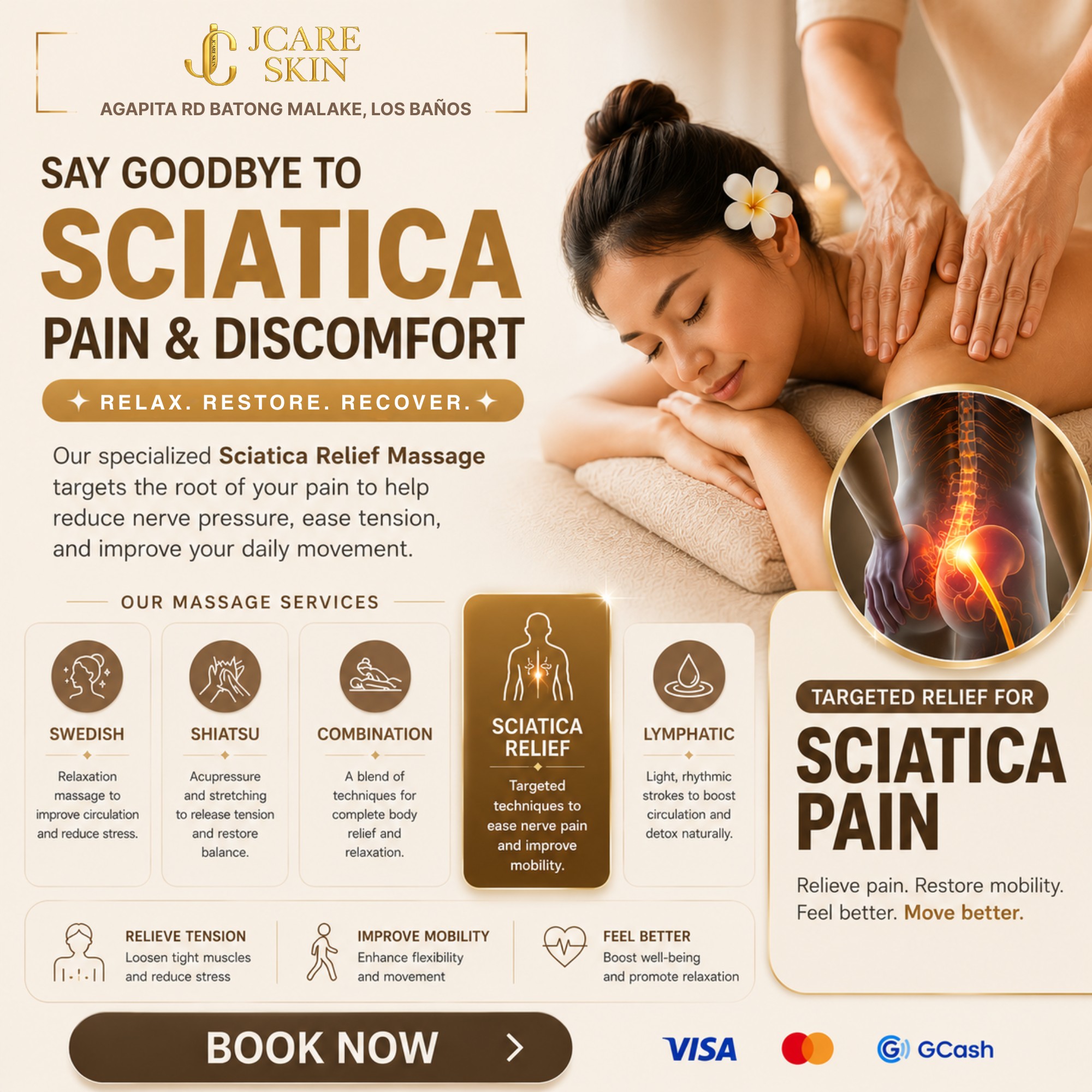 JCare Skin Los Baños Laguna Facebook ad: Feeling discomfort from sciatica or lower back tension?