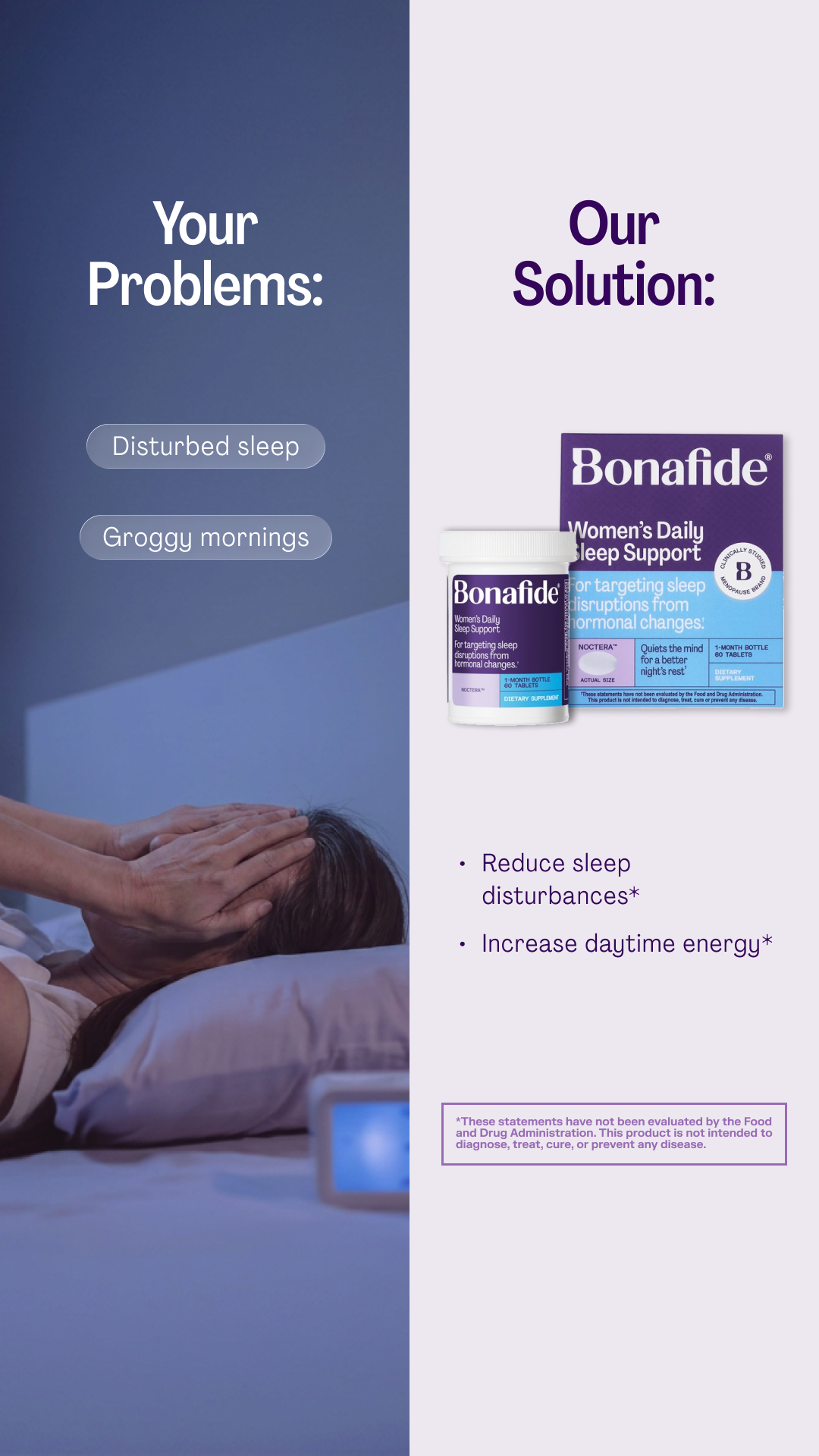 Bonafide Facebook ad: Restore your night. Restore your rest.