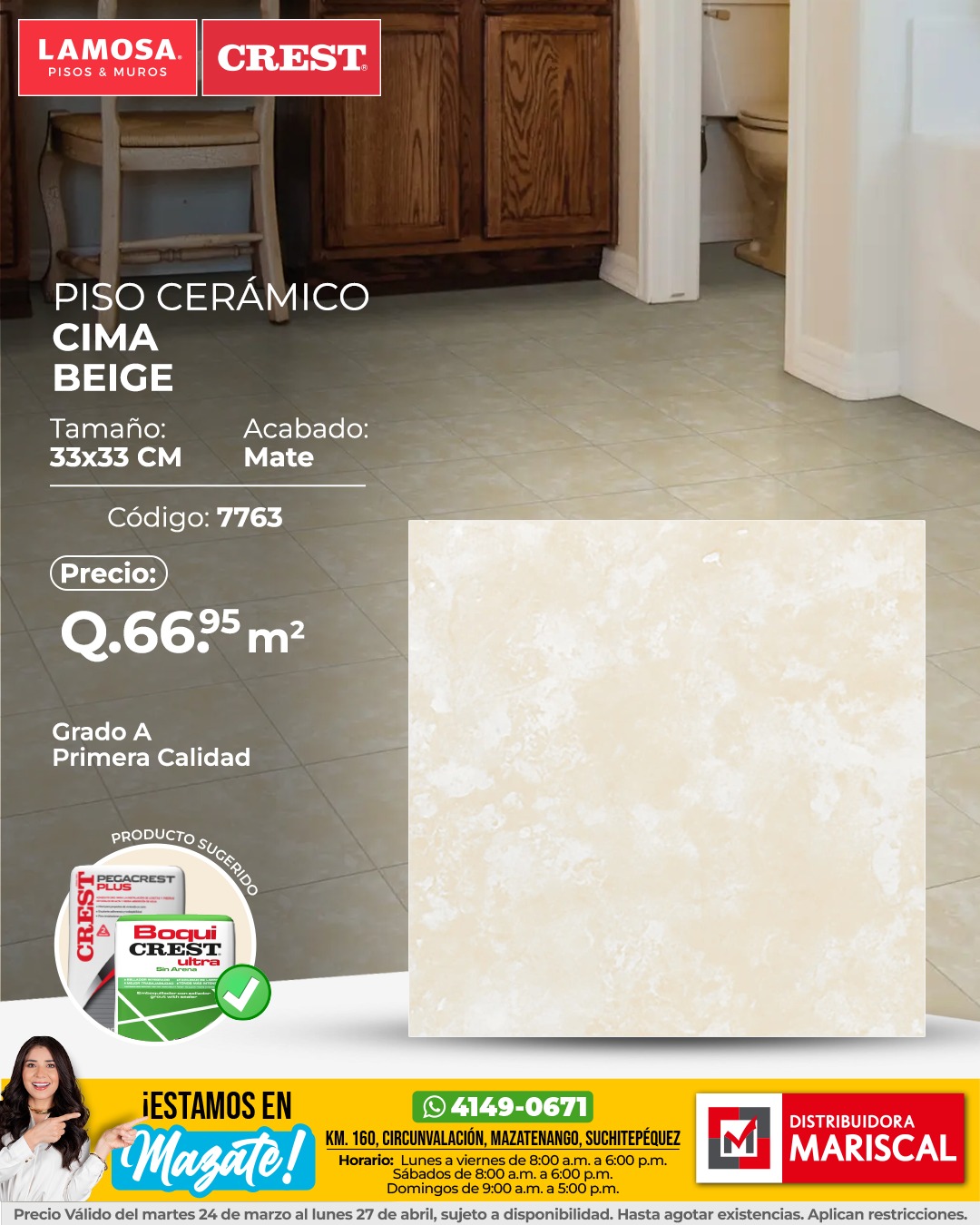 Distribuidora Mariscal Facebook ad: Piso cerámico Cima Beige 33×33cm a Q66.95 por…
