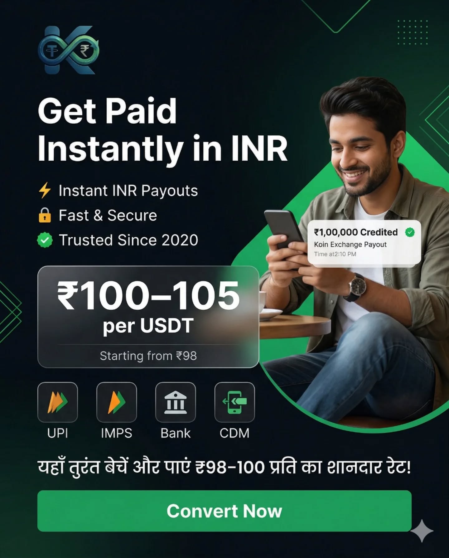 Koin Exchange Facebook ad: Get INR in Minutes from Your USDT!