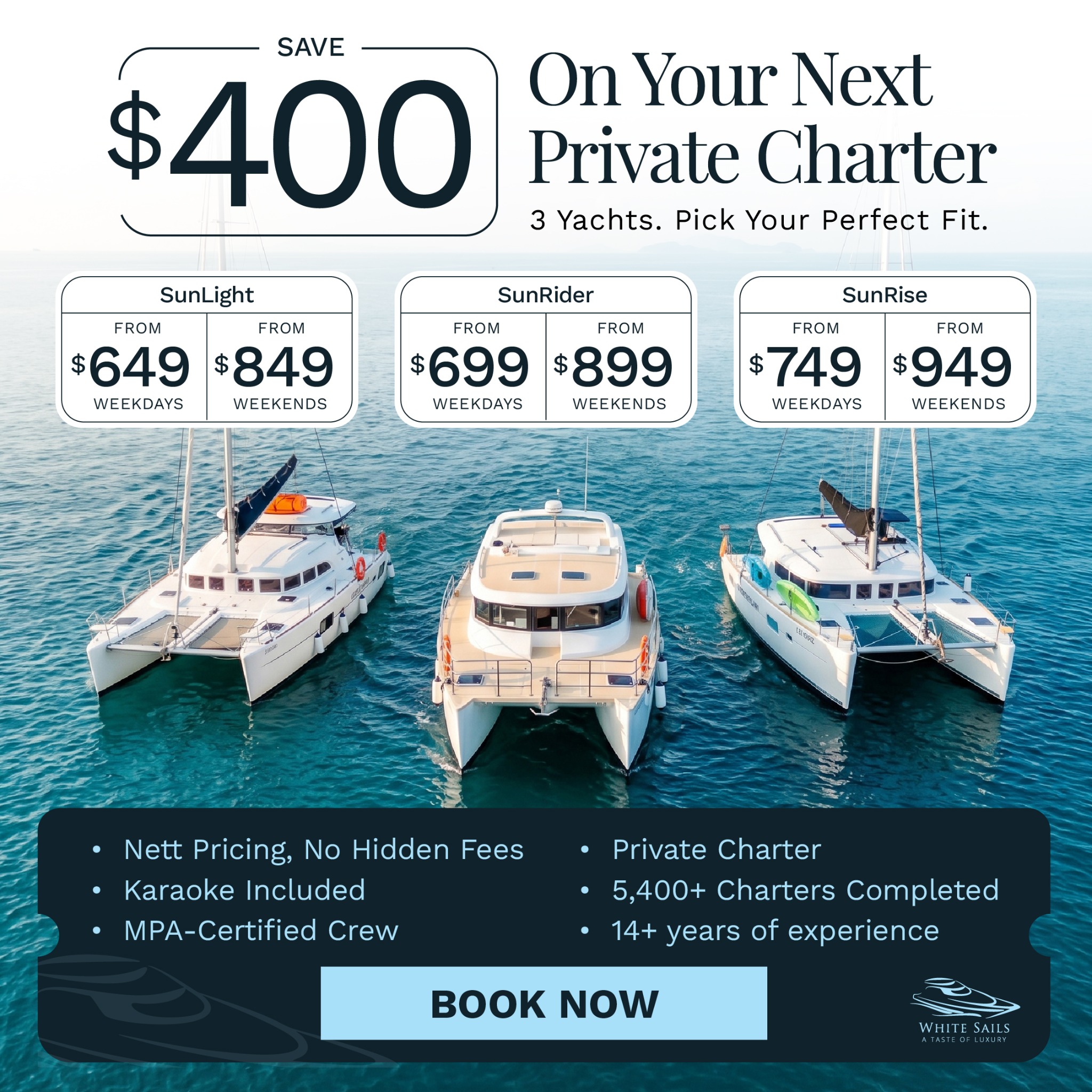 White Sails Facebook ad: Save $400 On A Private Yacht Charter