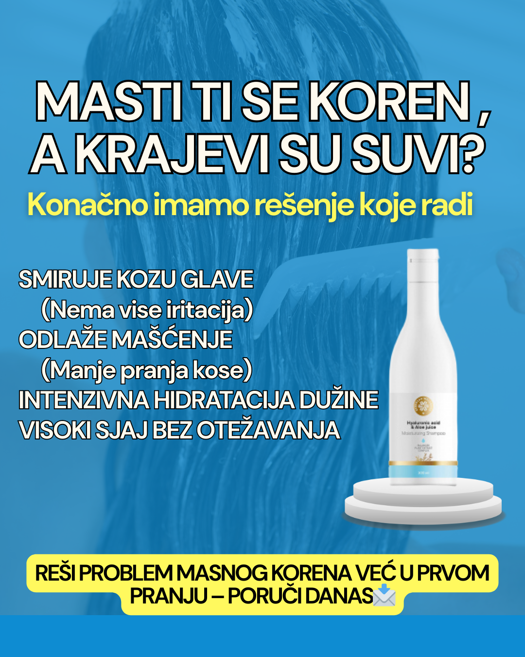 Hairluxe Facebook ad: Prekini začarani krug: masna kosa, opadanje i tanak rep.