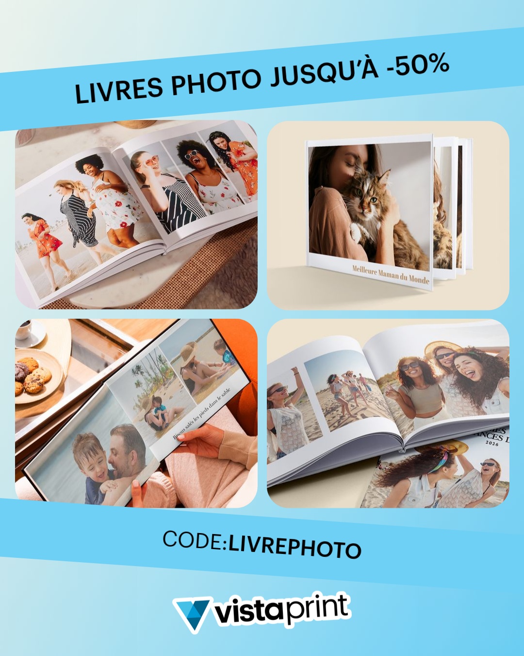 VistaPrint Facebook ad: Créez des livres photo de qualité.