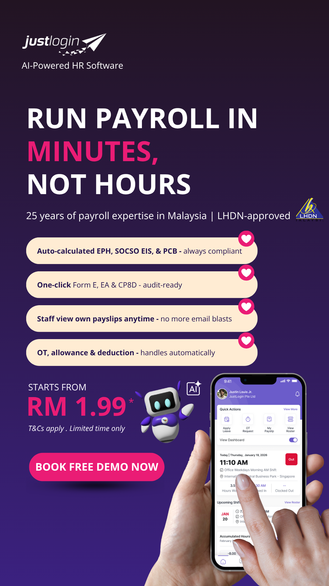 JustLogin HR Cloud Facebook ad from Apr 22, 2026