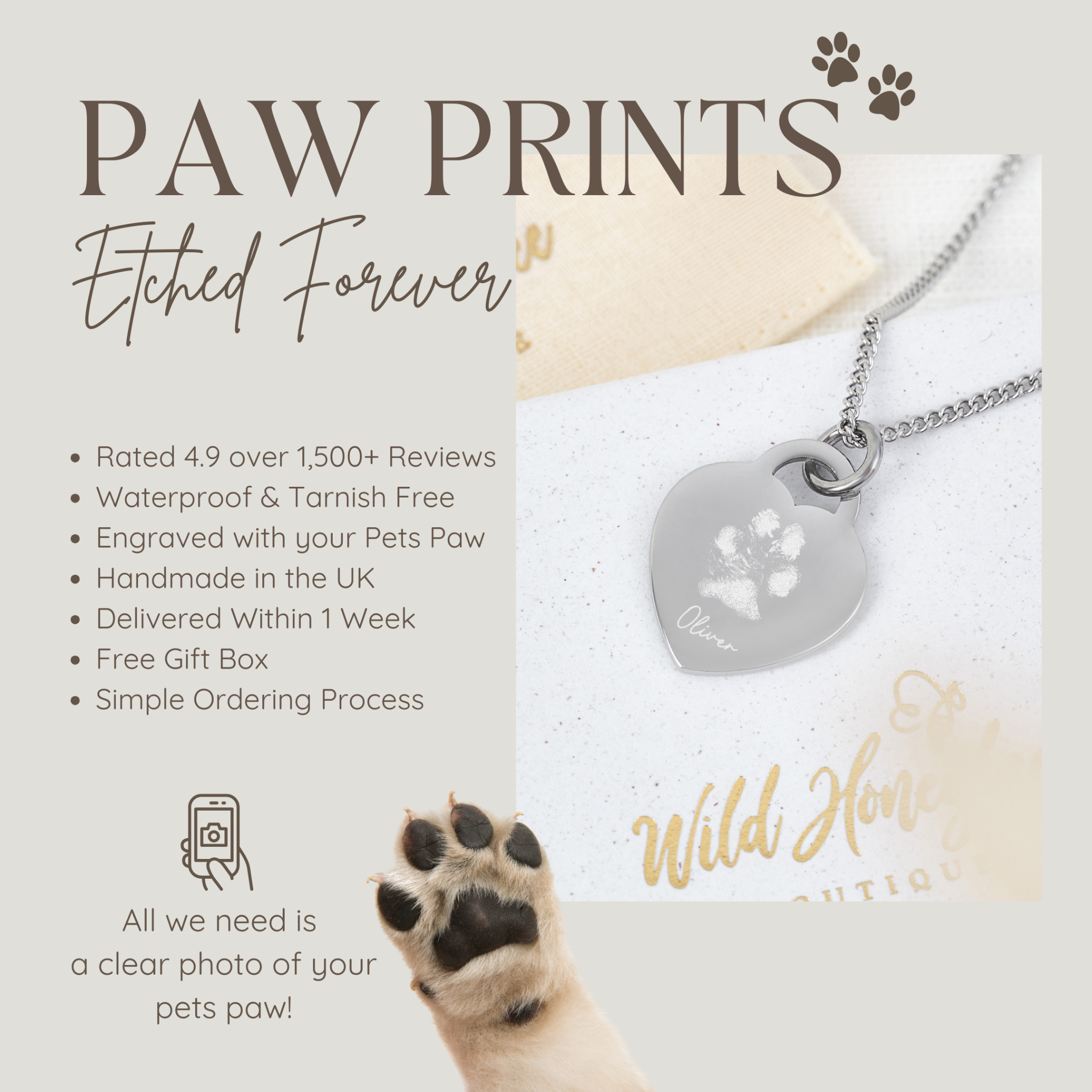 Wild Honeybee Boutique Facebook ad: Pawprints Etched Forever