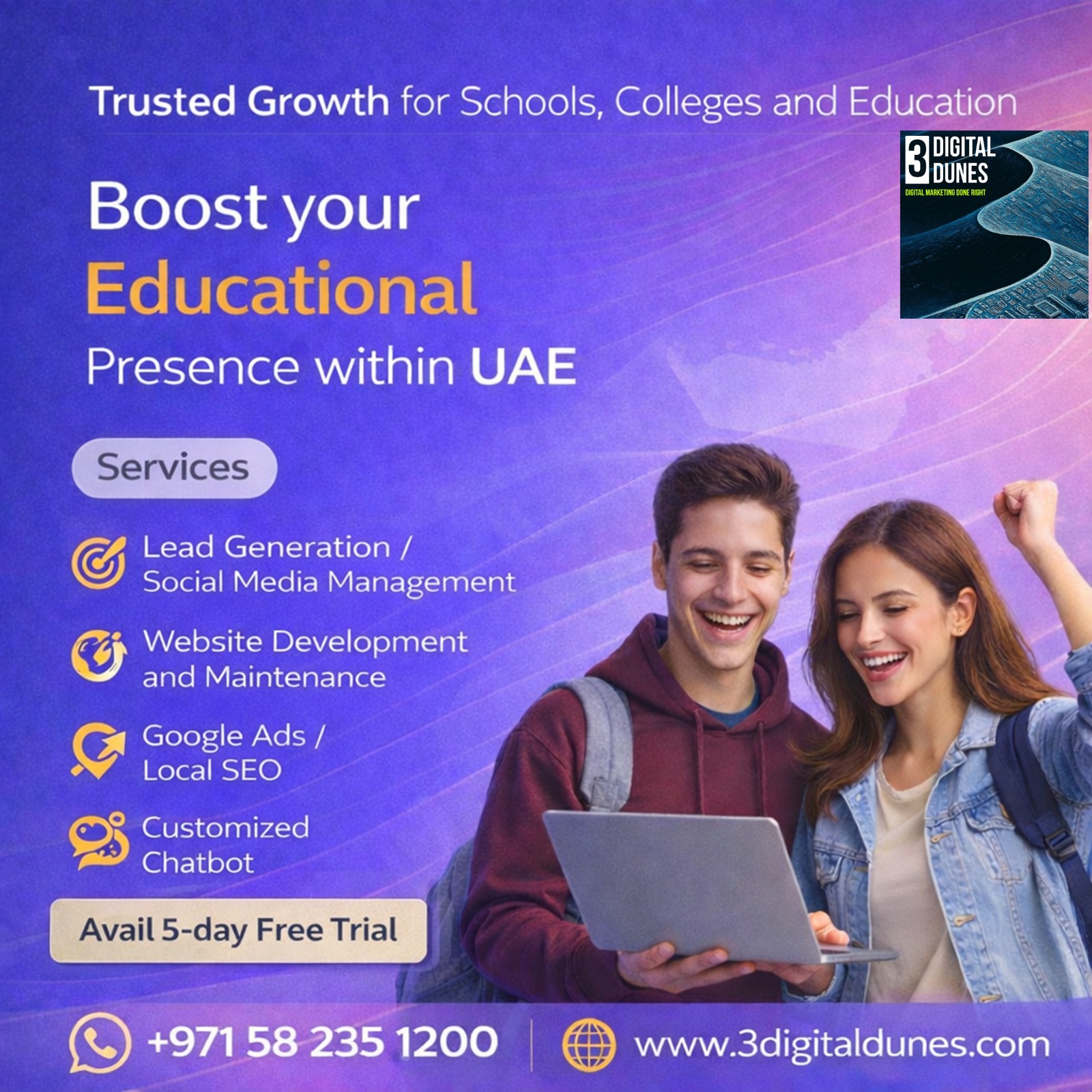 3 Digital dunes Facebook ad: Lets Grow Your Educational Institute.