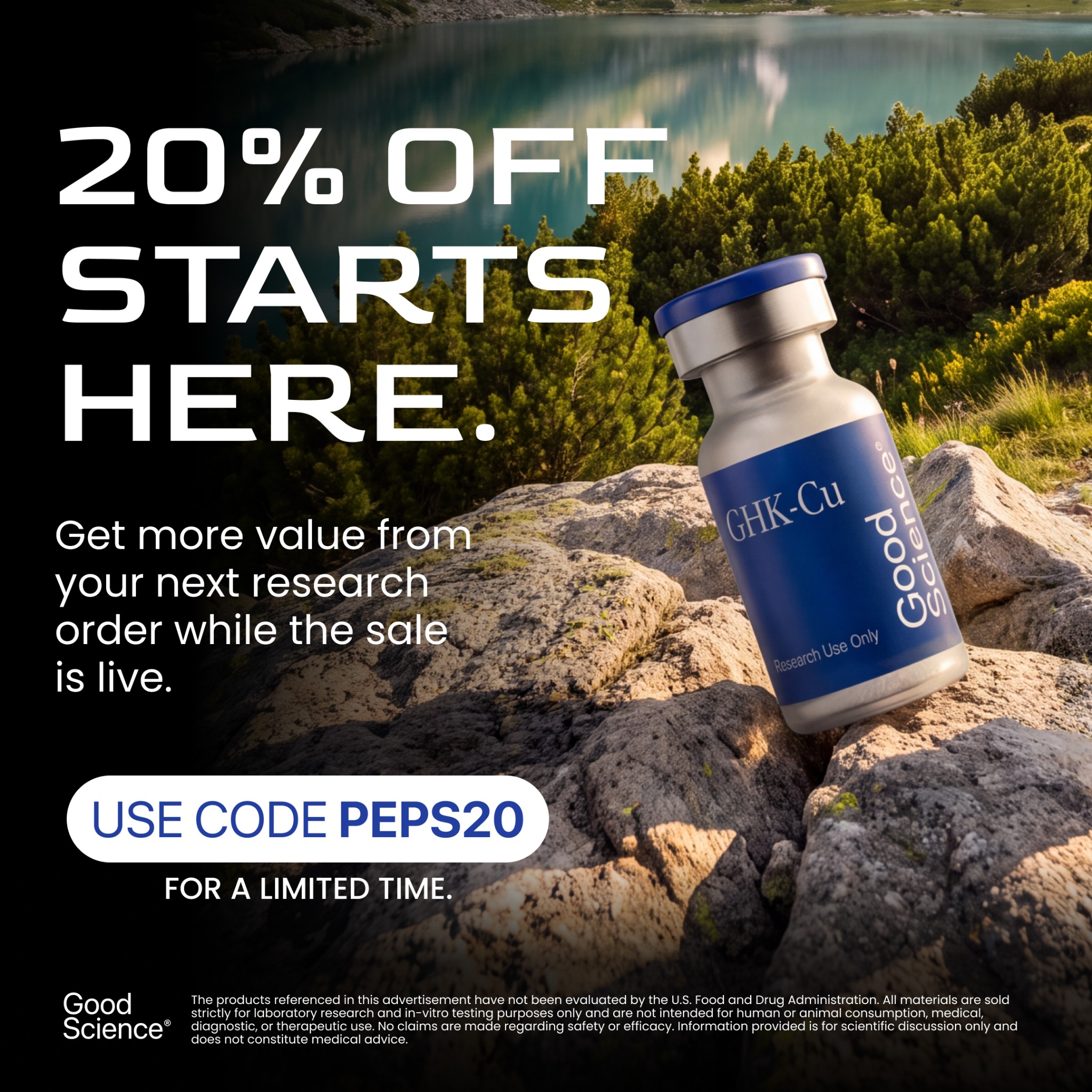 Good science Bio Facebook ad: 20% Off Your Order, Limited Time | Use Code PEPS20