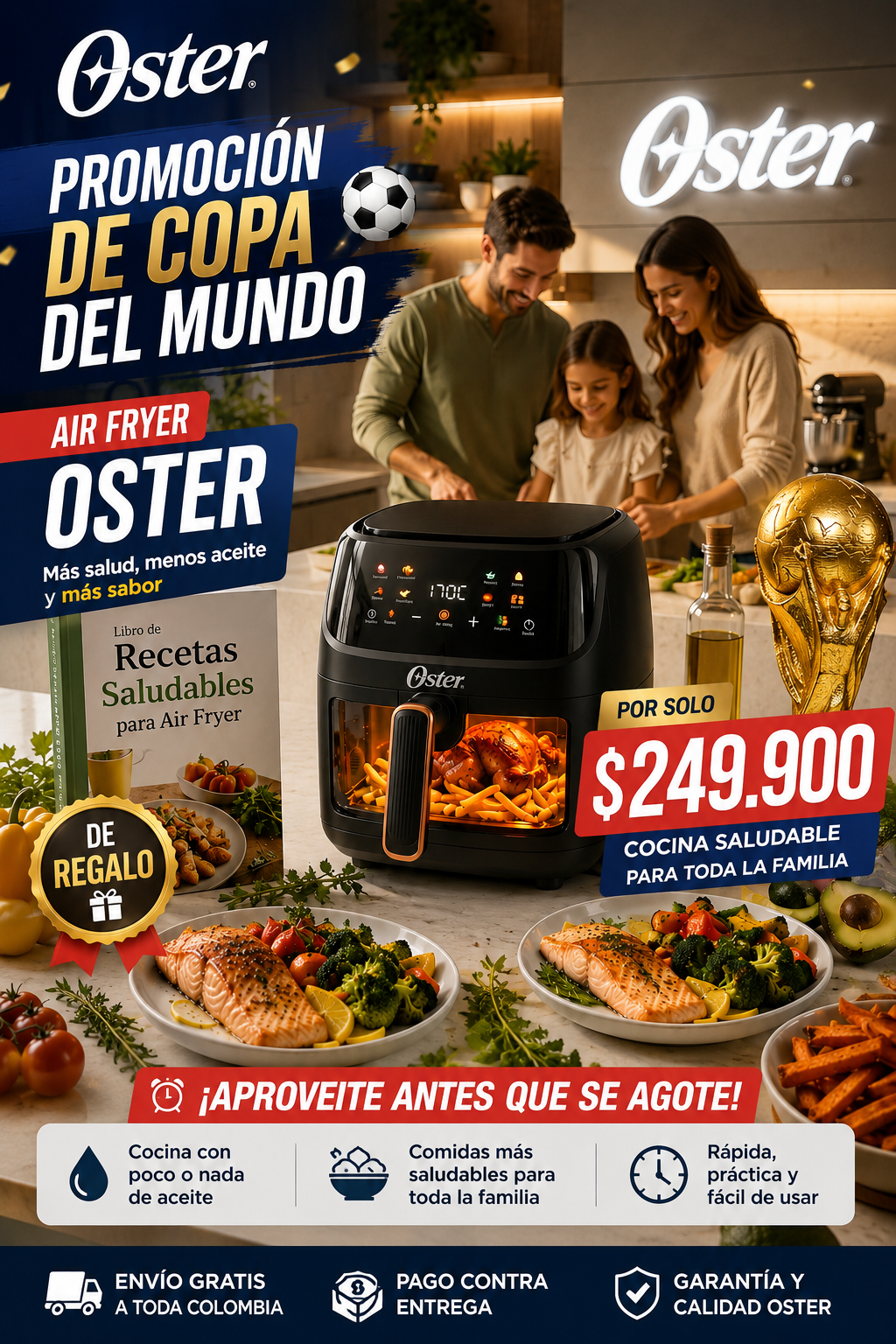 Virella Facebook ad: Promoción Mundialista: Air Fryer Oster + Libro de Recetas…