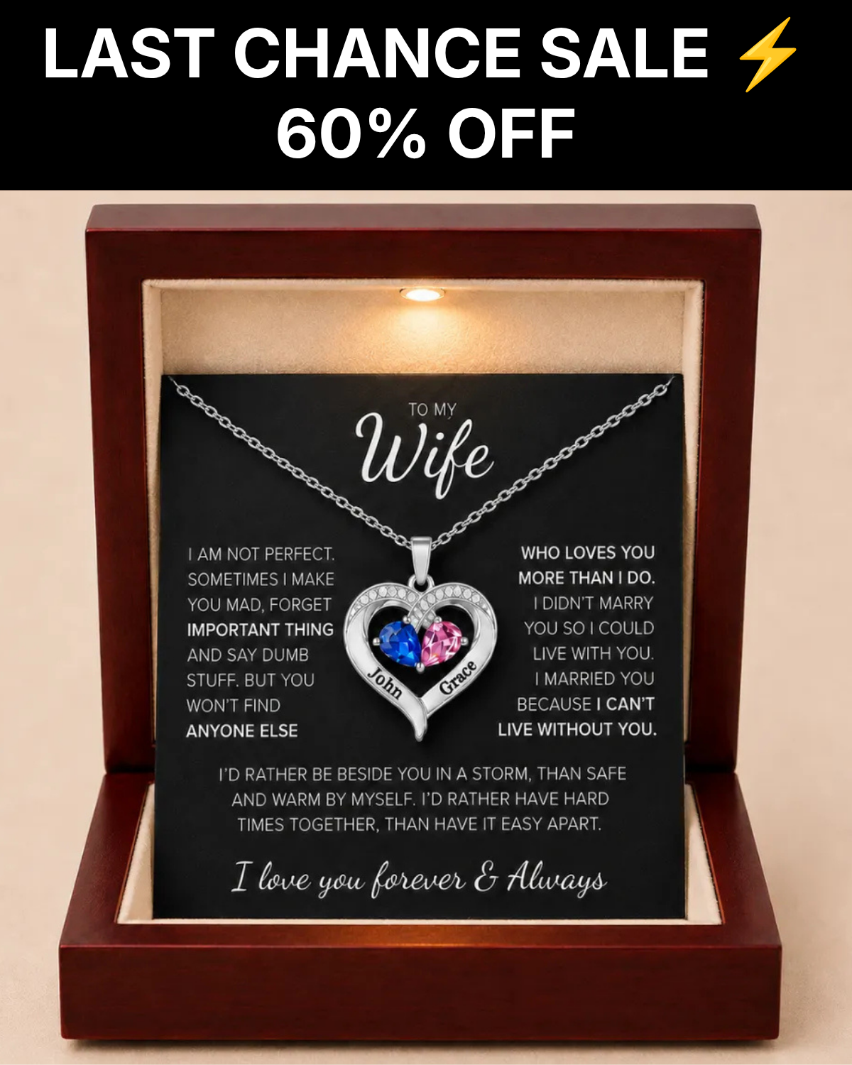 EG Personalized Jewelry Facebook ad: 60% OFF Birthstone Necklace, While Stock Lasts