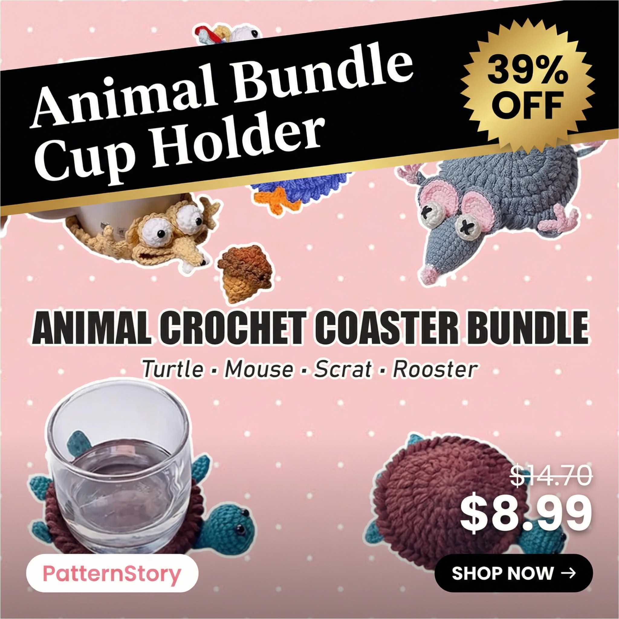 PatternStory Facebook ad: Cute Critters Cup Holder