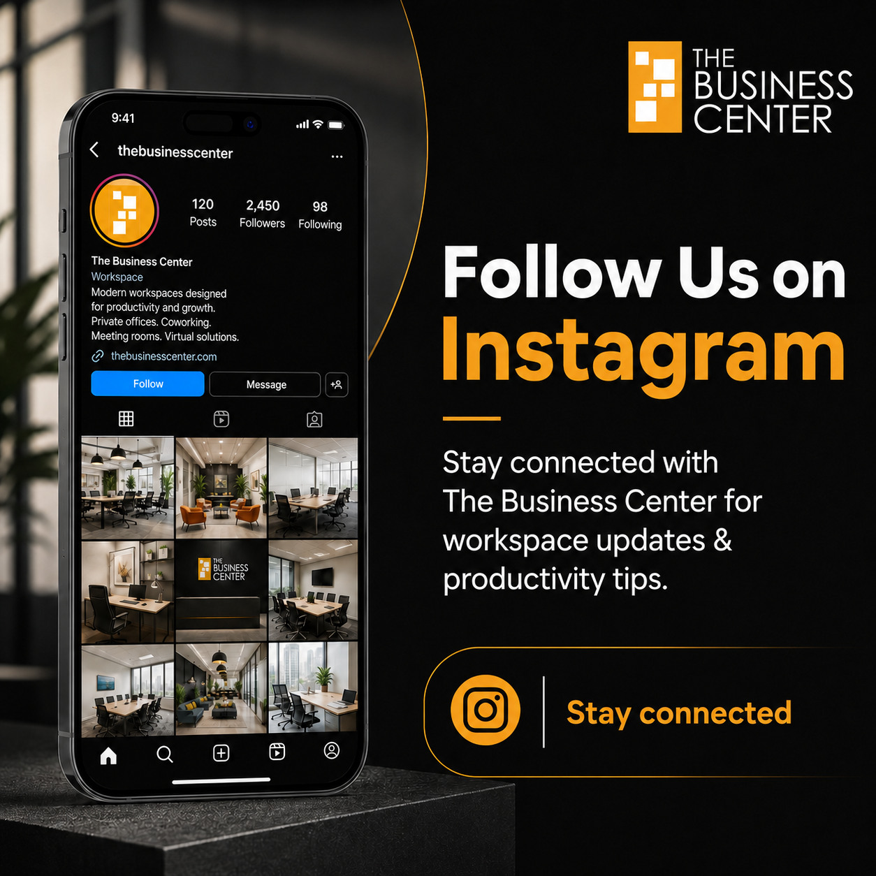 The Business Center Facebook ad: Stay connected with The Business Center on Instagram…