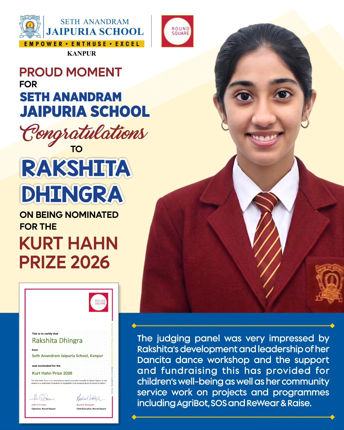 Seth Anandram Jaipuria School - Kanpur Facebook ad: We are delighted to congratulate Rakshita Dhingra on…