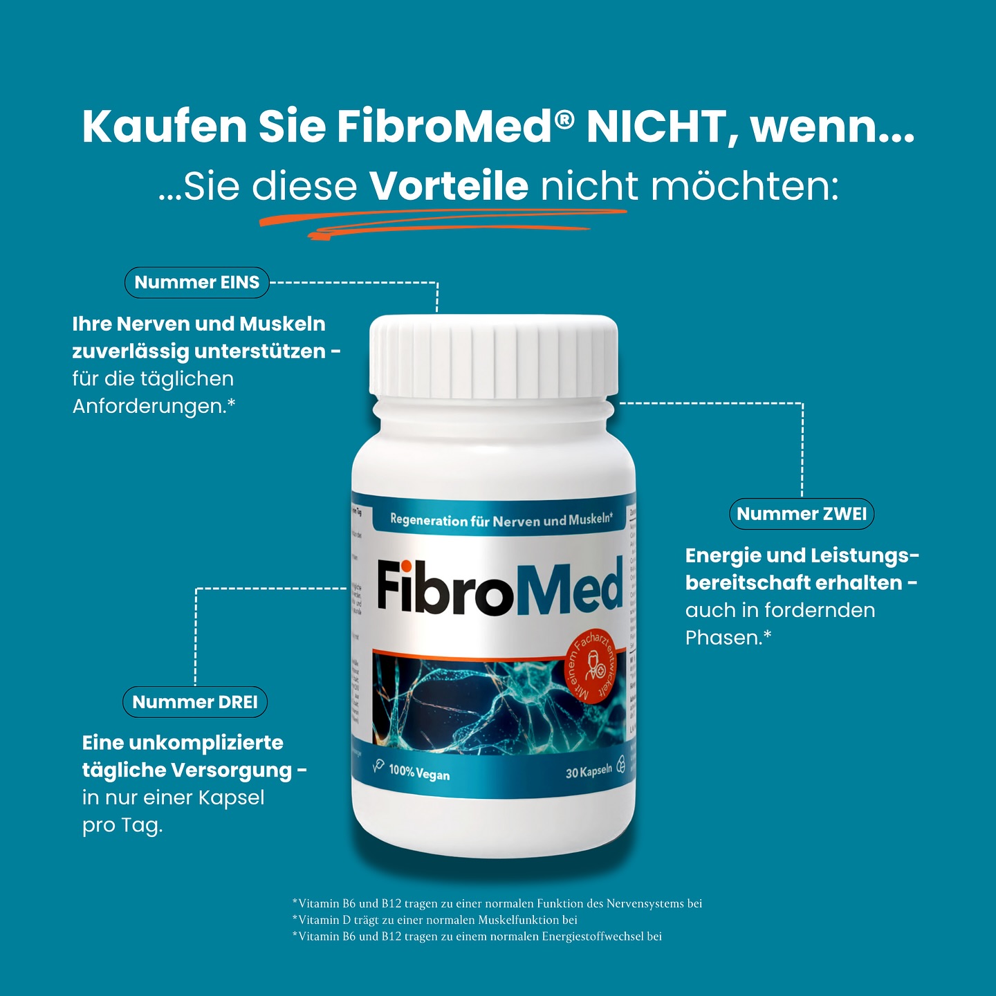 FibroMed Facebook ad: FibroMed, mit Vitamin B6, B12, Folsäure, Vitamin D3…