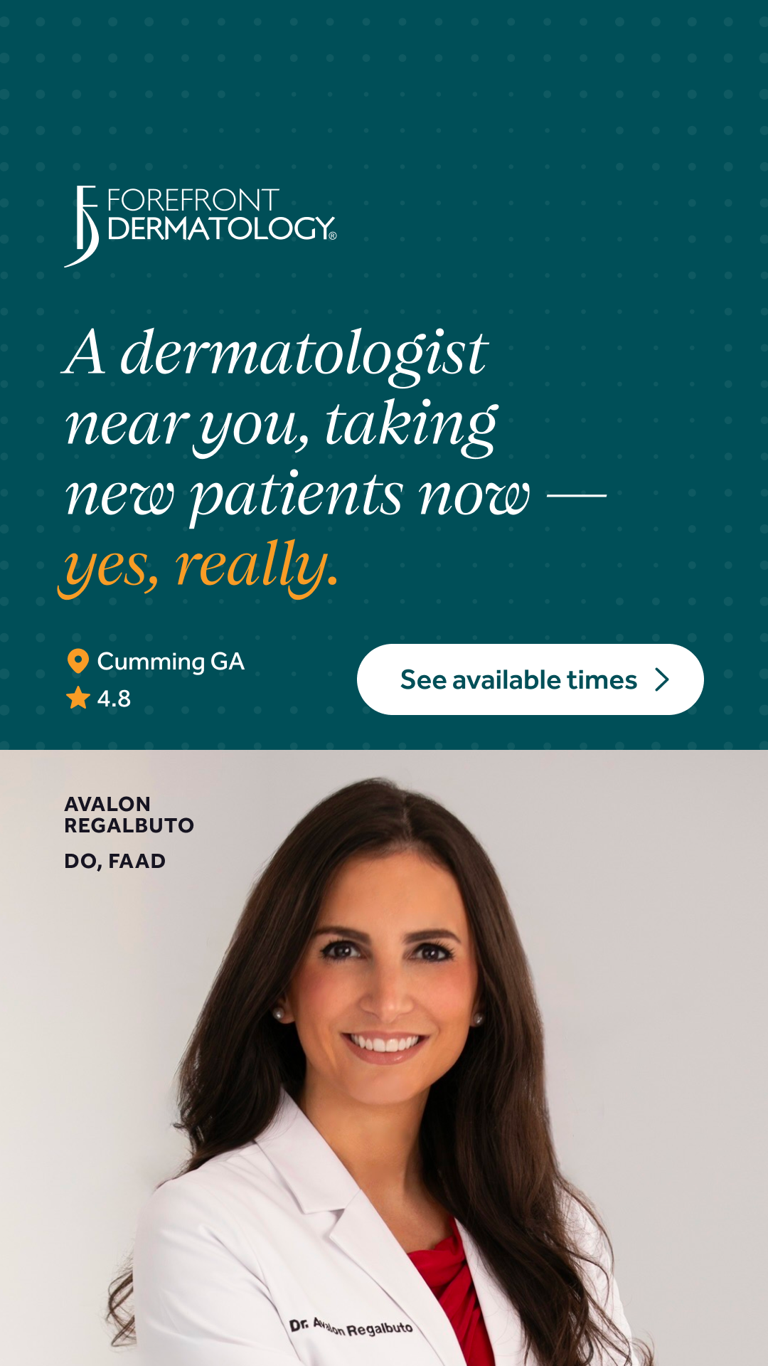 Forefrontdermatologycumming Facebook ad from Jun 15, 2026