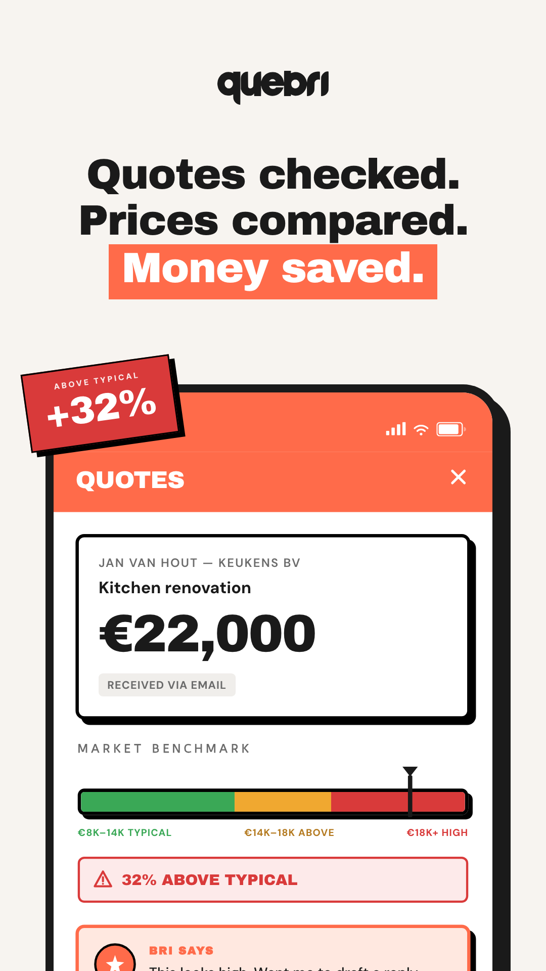 Quebri - Renovation App Facebook ad: Quotes checked. Prices compared. Money saved.
