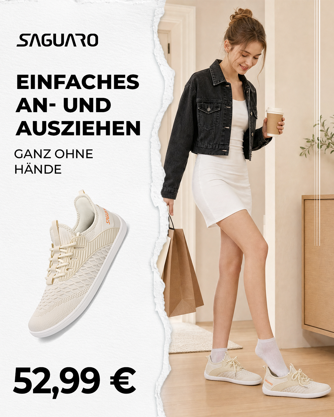Saguaro De Facebook ad: Dein erster Barfußschuh. 52,99 €.
