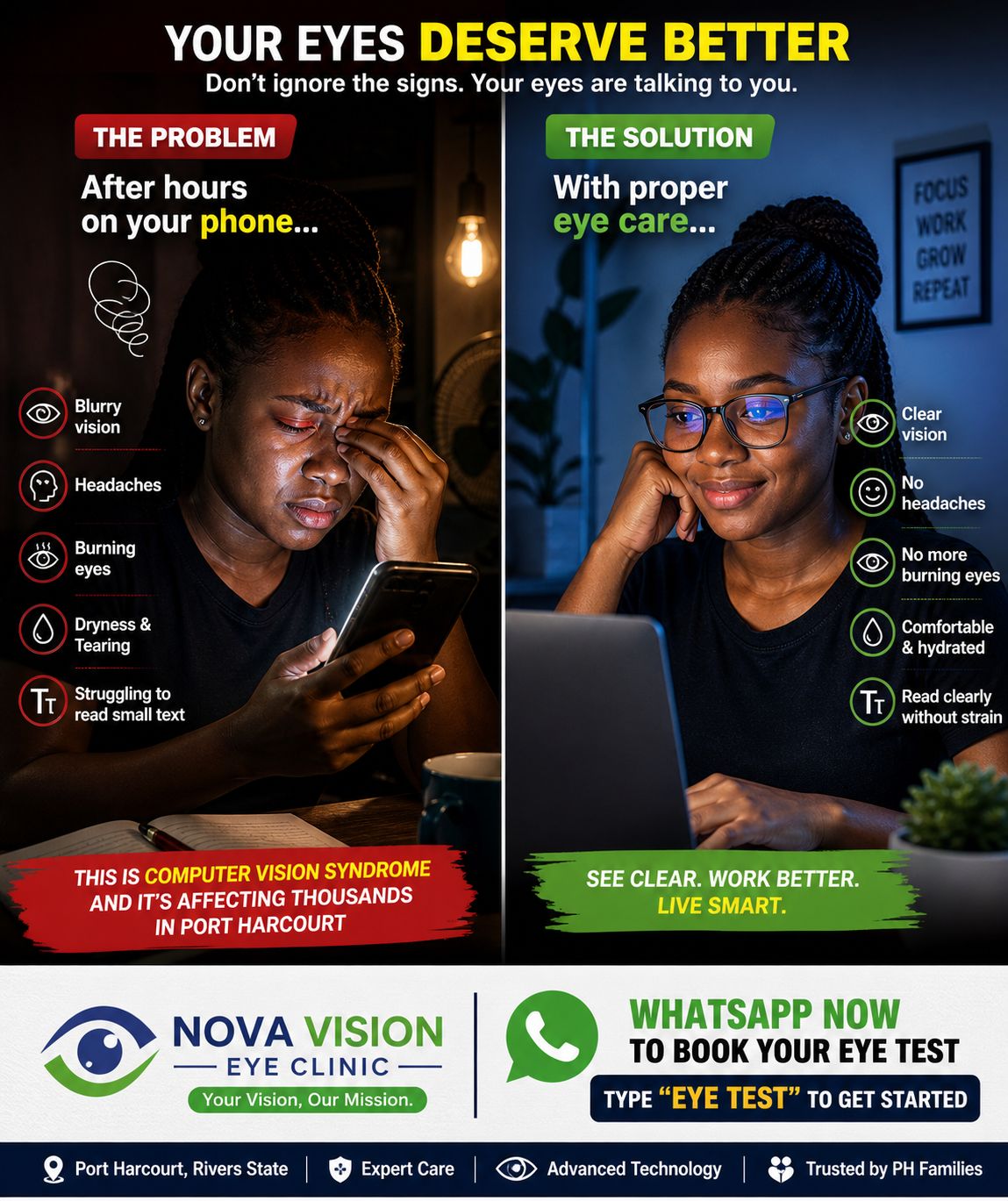 Nova Vision Eye Clinic Facebook ad: YOUR EYES ARE NOT SUPPOSED TO HURT LIKE…