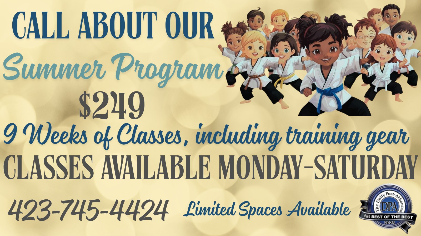 Grand Master Contreras' Martial Arts Academy Facebook ad: Mom, what are we doing this summer?