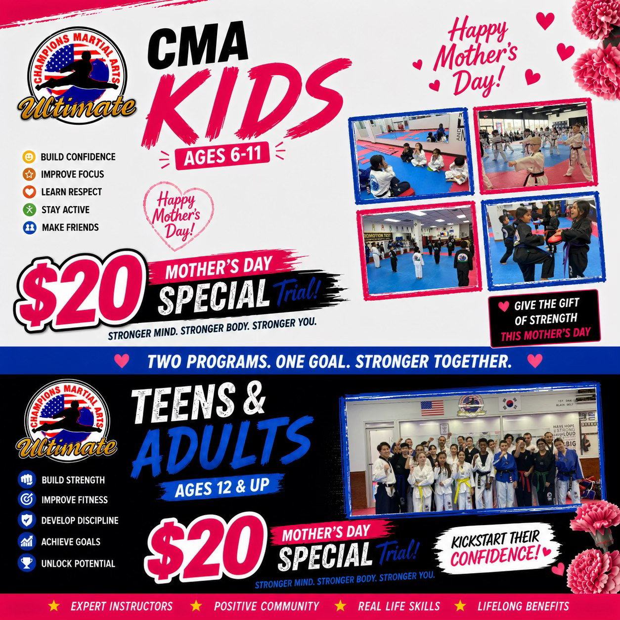 East Meadow Champions Martial Arts Facebook ad: Mother's Day Special, Only $20!