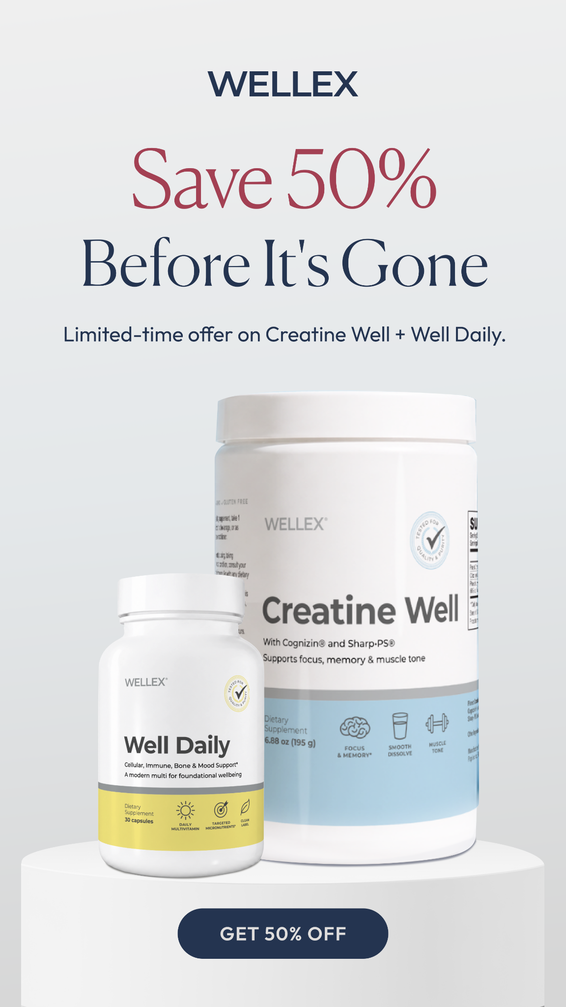 Wellex Facebook ad: Save 50% on Creatine Well + Well Daily