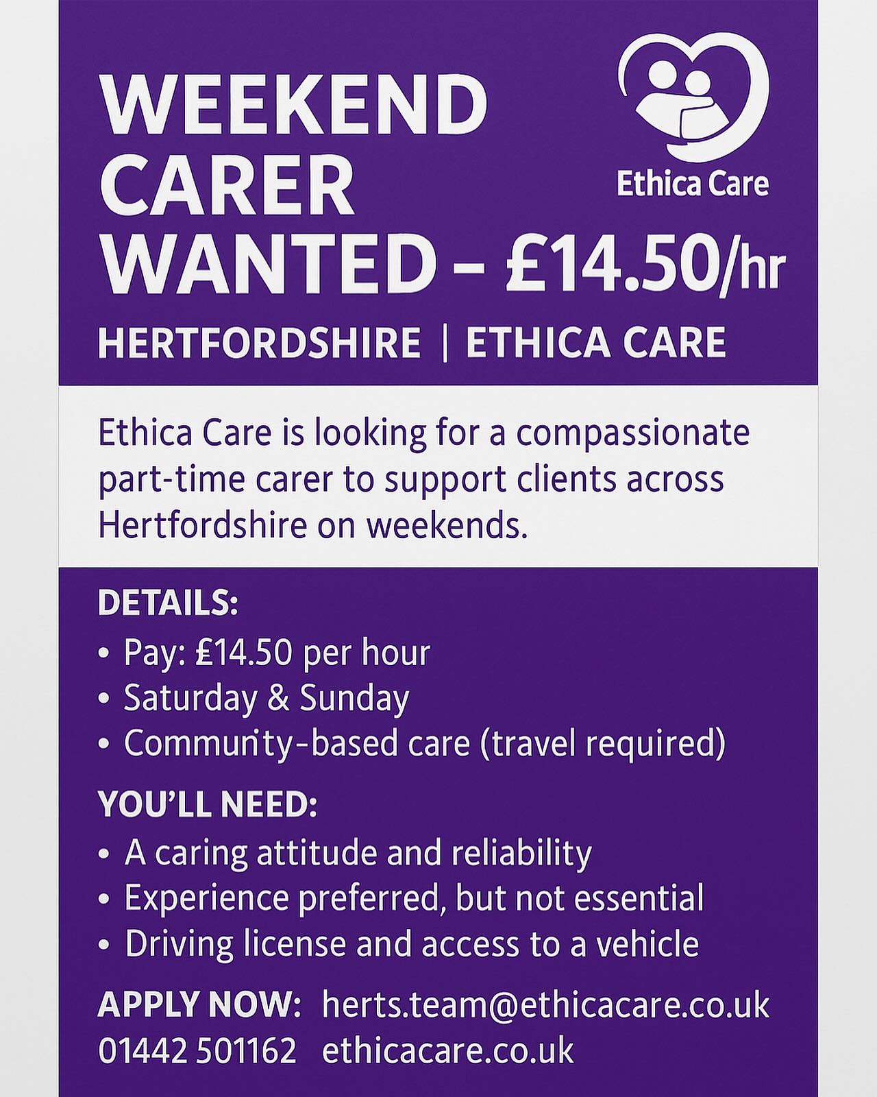 Ethica Care Hemel Hempstead Facebook ad: We’re Hiring: Part-Time Weekend Carer, £14.50/hr