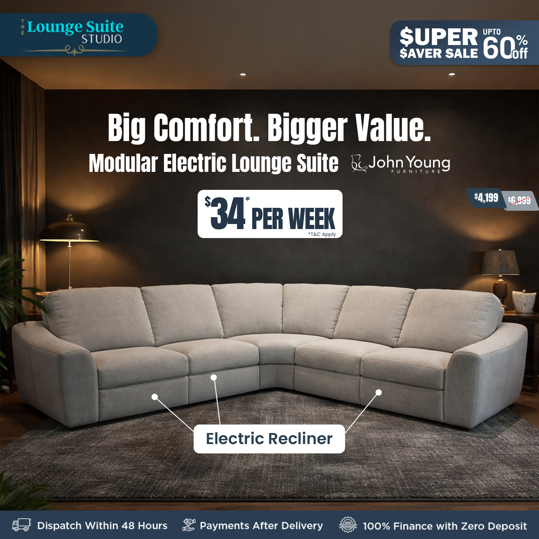 The Lounge Suite Studio Facebook ad: Super Saver Sale | Upto 60% Off | Buy Now