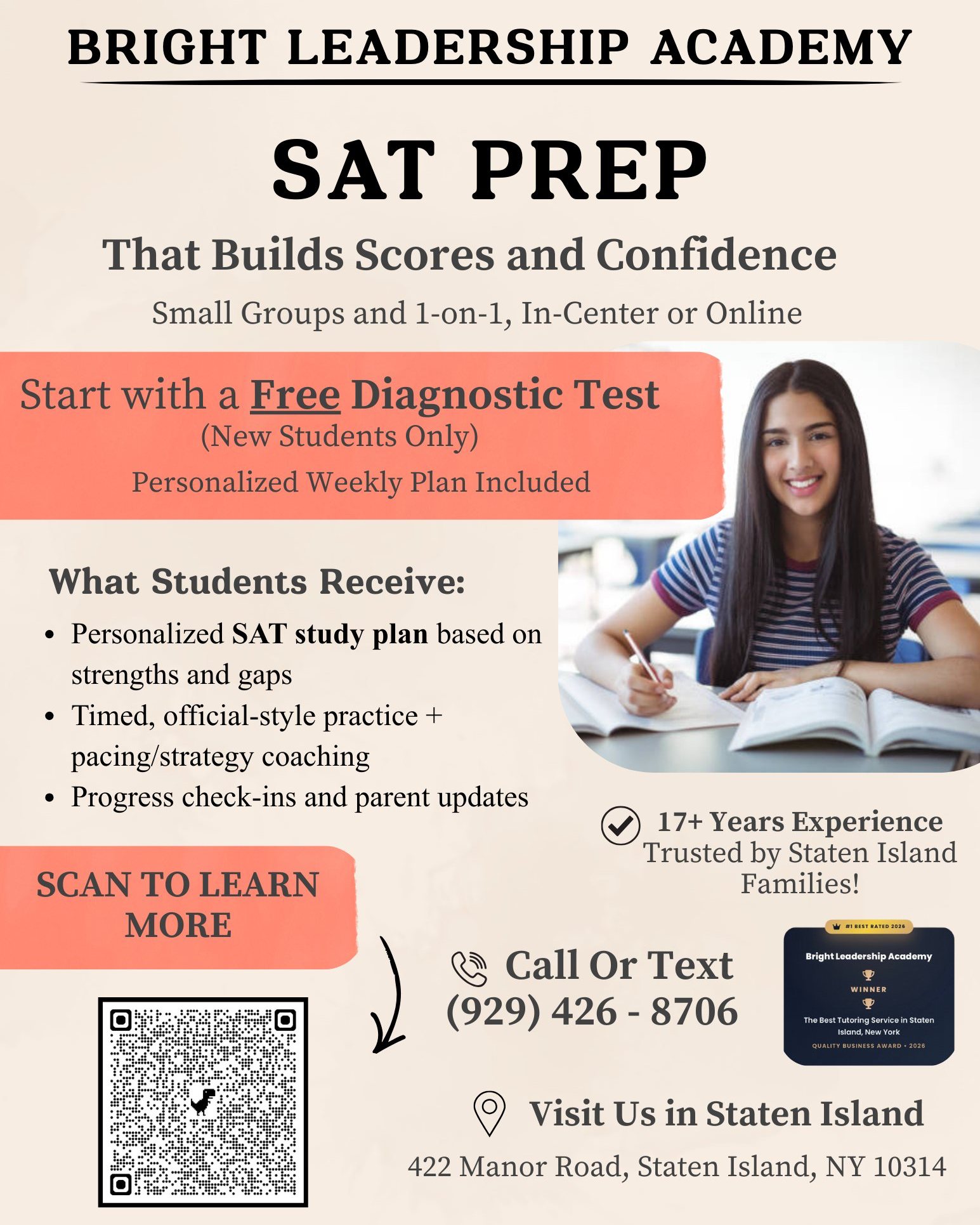 Bright Leadership Academy Facebook ad: Higher SAT scores start with a clear diagnostics…