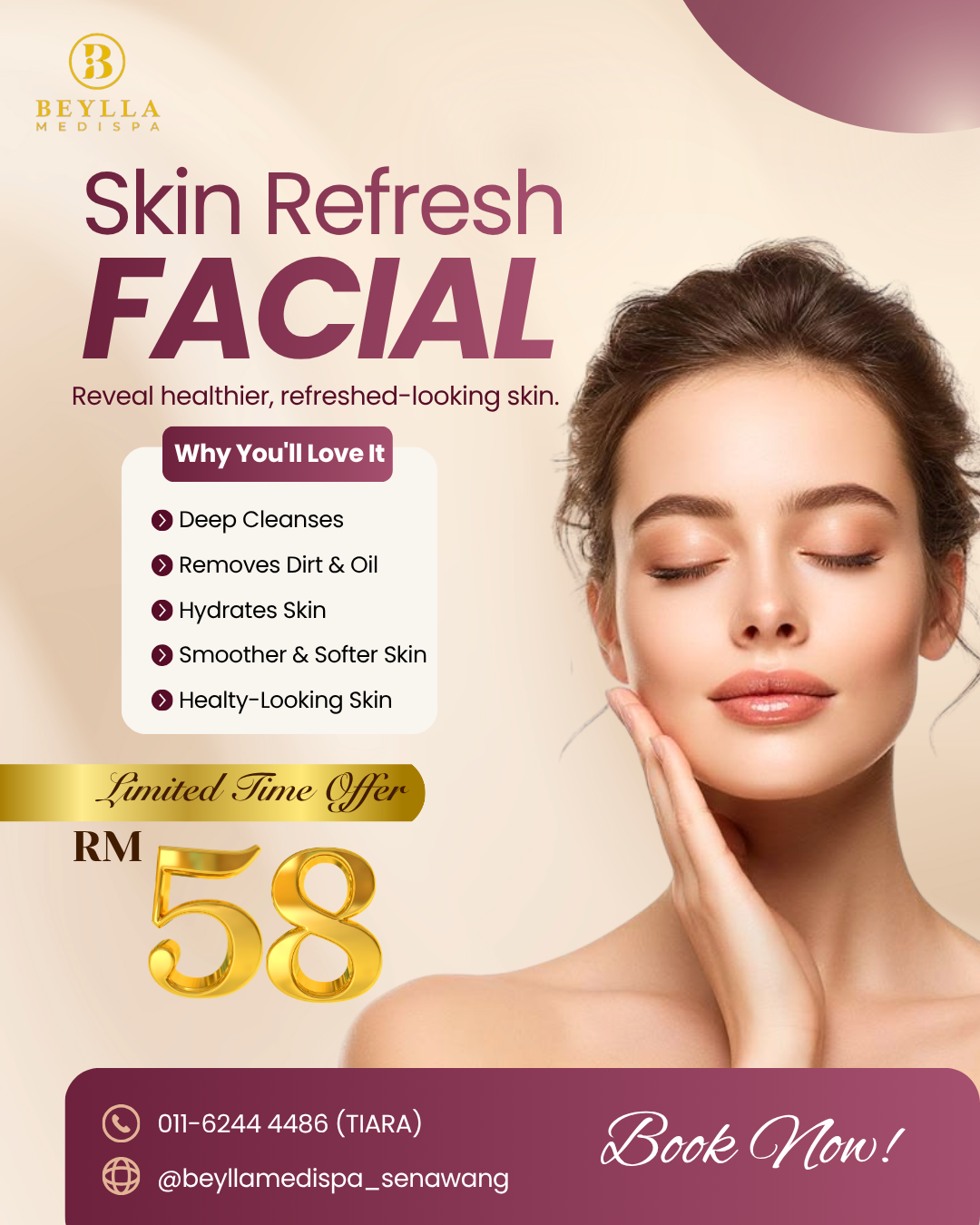 Beylla Medispa Senawang Facebook ad: Book Skin Refresh Facial RM58
