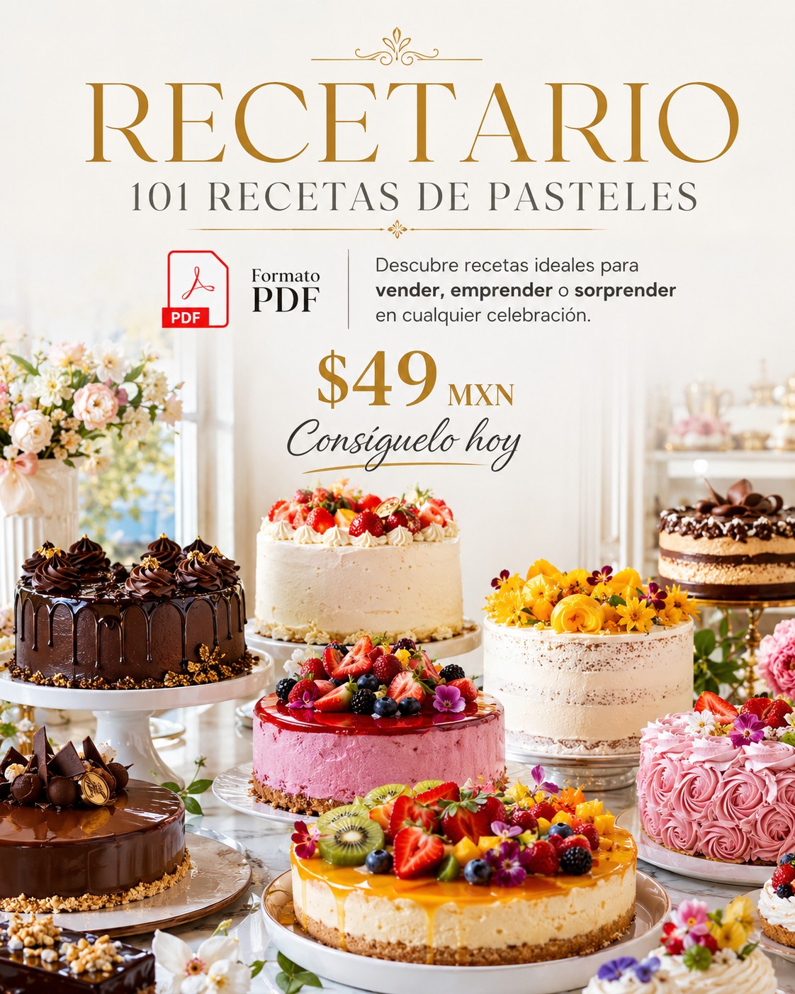Repostería Creativa Facebook ad: ¡Recetario 101 RECETAS DE PASTELES en formato PDF!